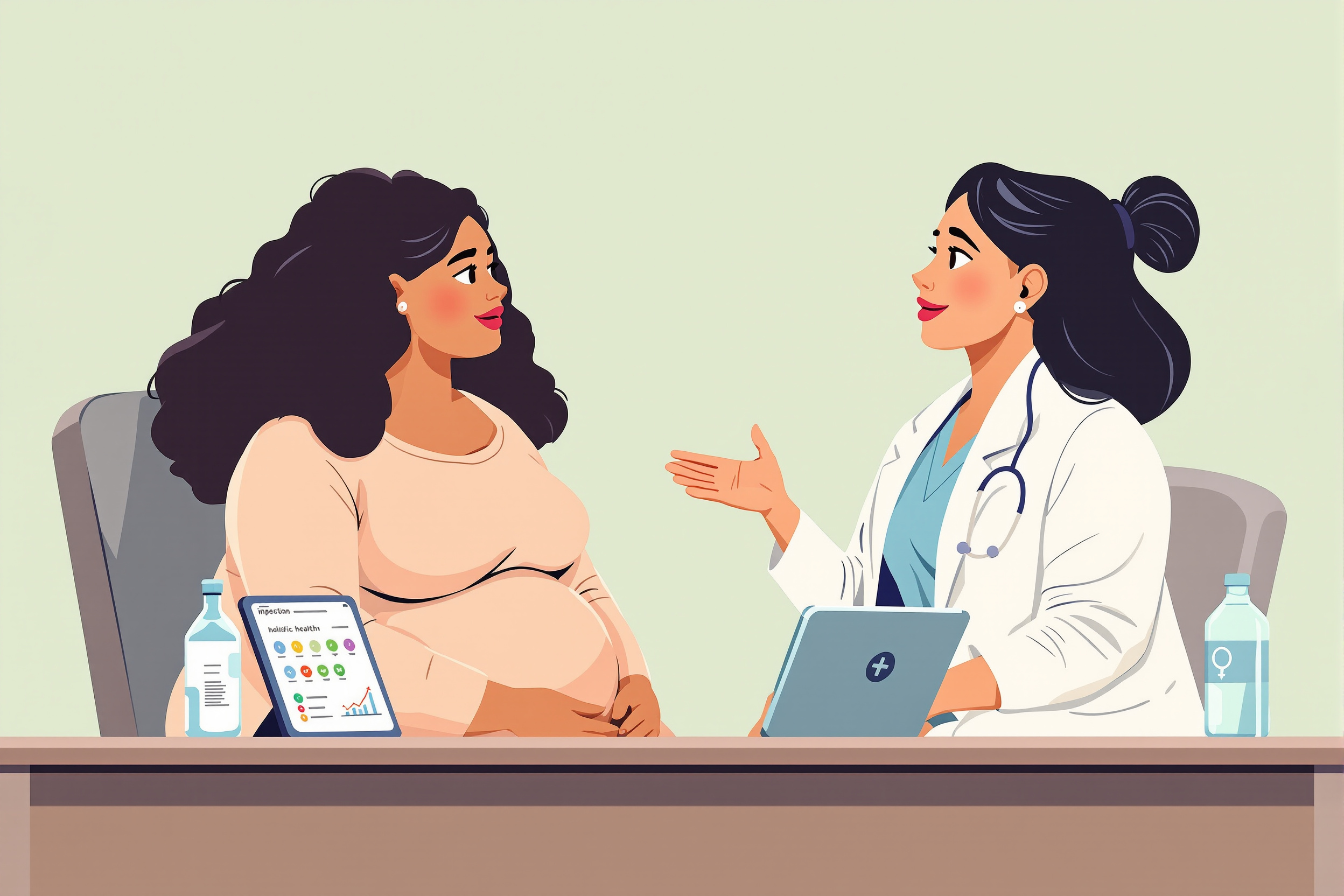 Flache Vektorillustration einer medizinischen Beratung: Eine Ärztin und eine Patientin mit Lipödem besprechen Therapieoptionen, eine Abnehmspritze und ein Tablet liegen auf dem Tisch.