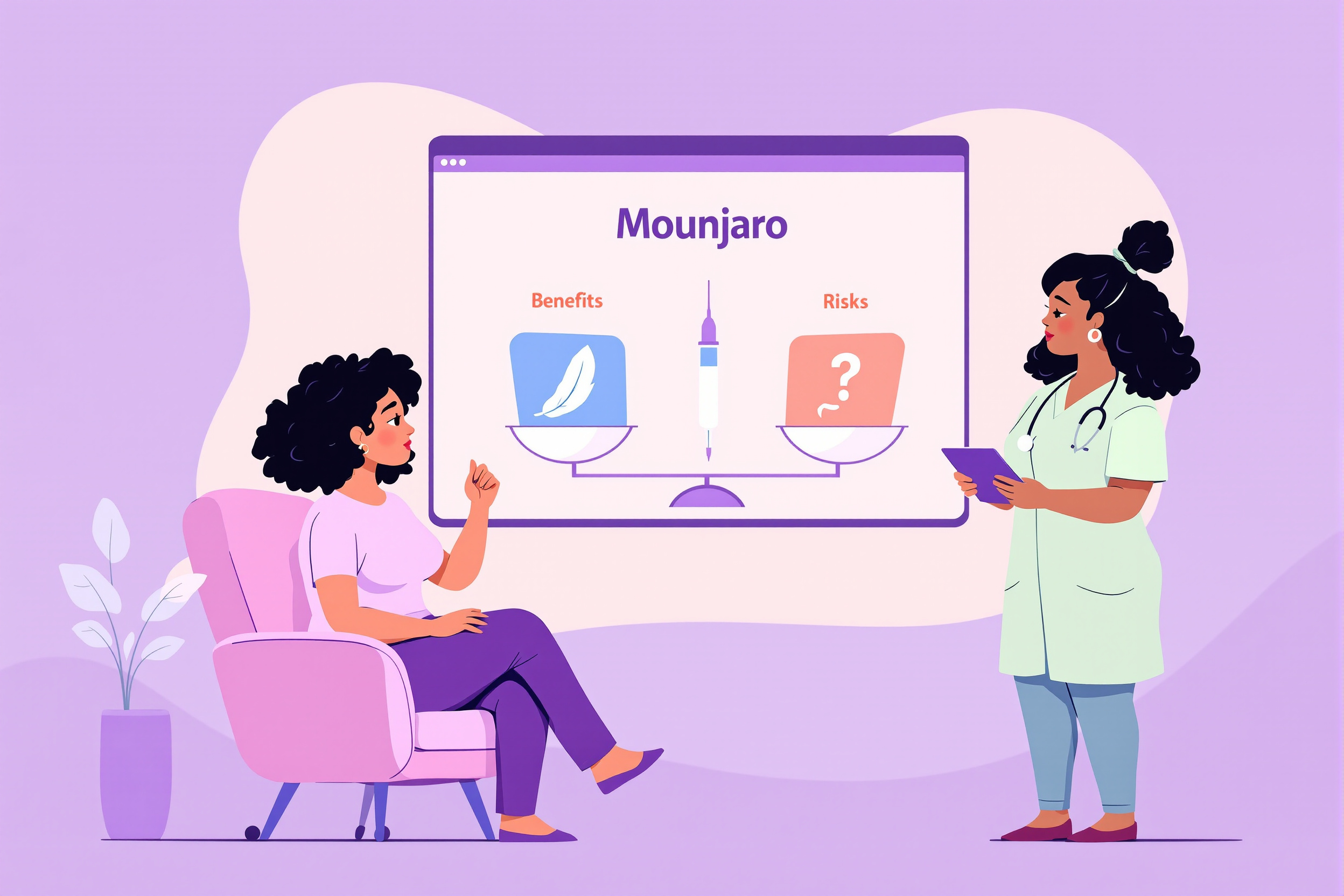 Flache Vektorillustration: Eine diverse Ärztin und eine Patientin mit Lipödem betrachten auf einem Bildschirm eine visuelle Analyse (Waage-Symbol) zu den Nutzen und Risiken von Mounjaro.