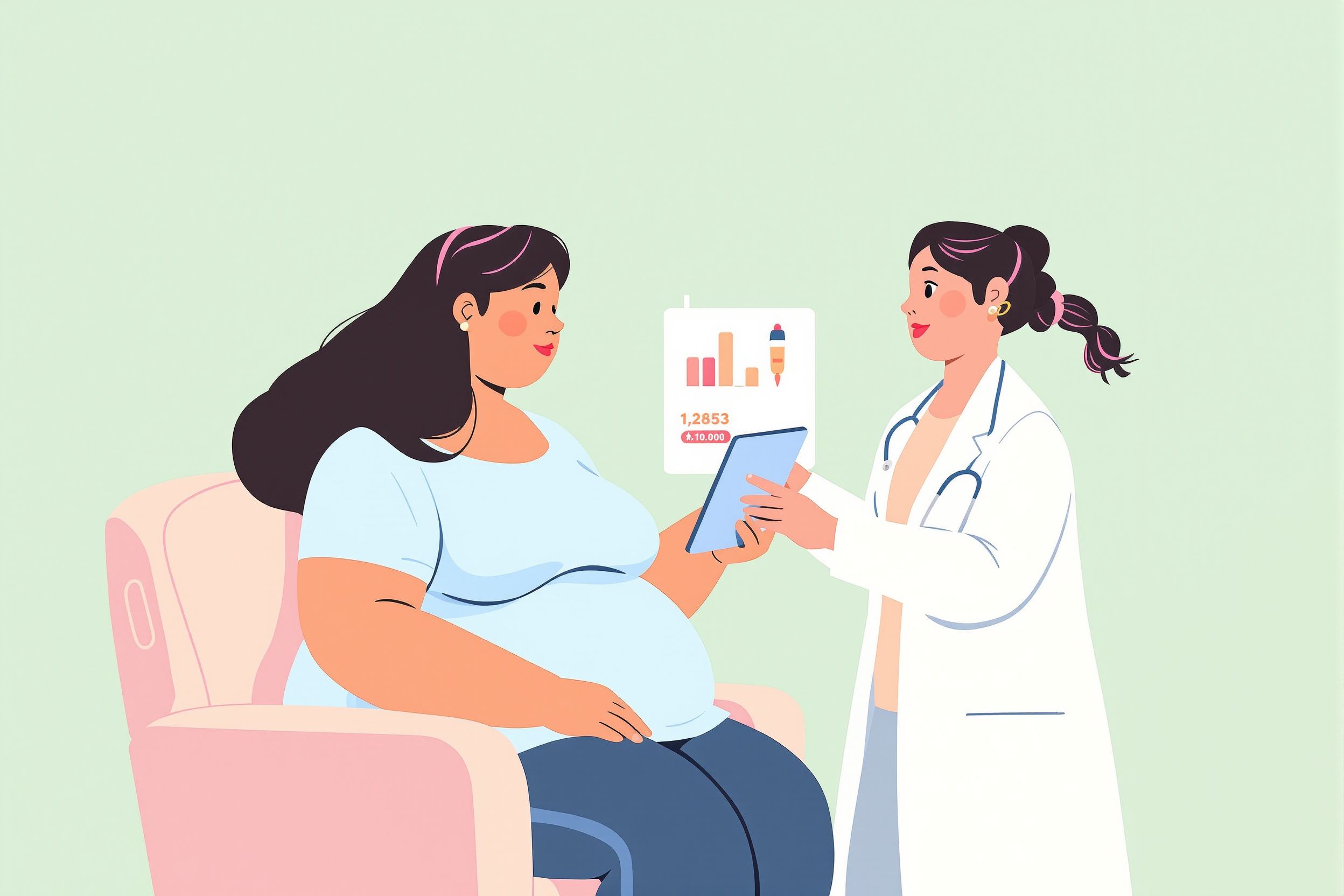 Eine Ärztin und eine Patientin mit Lipödem besprechen auf einem Tablet medizinische Daten und eine mögliche Behandlung mit Mounjaro in einer freundlichen Praxisumgebung.