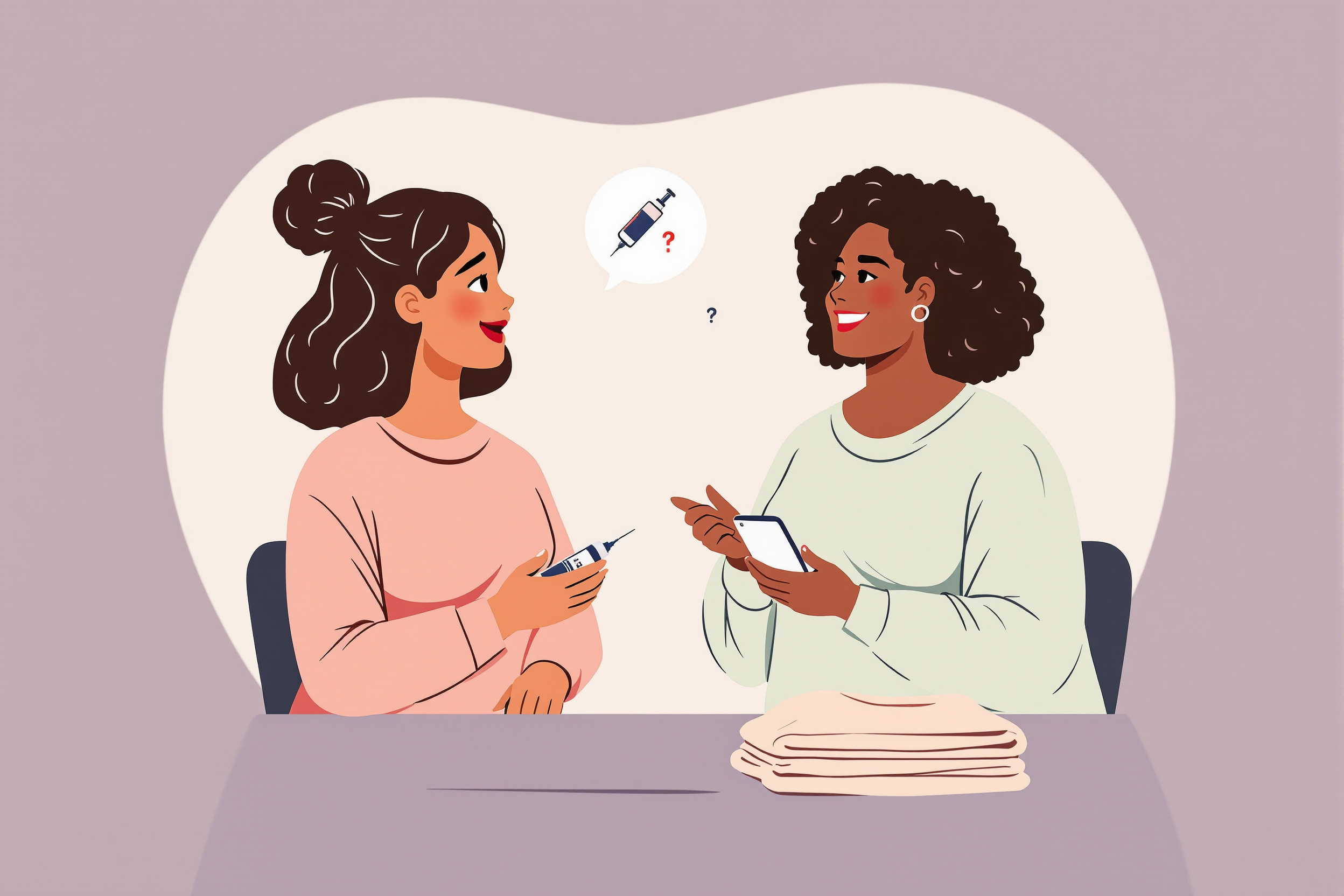 Flache Vektorillustration: Zwei diverse Frauen wägen Lipödem-Behandlungen ab. Eine schaut nachdenklich auf ein Spritzen-Symbol, die andere zeigt lächelnd auf die LipoCheck-App und Kompressionsstrümpfe als sichere Alternativen.