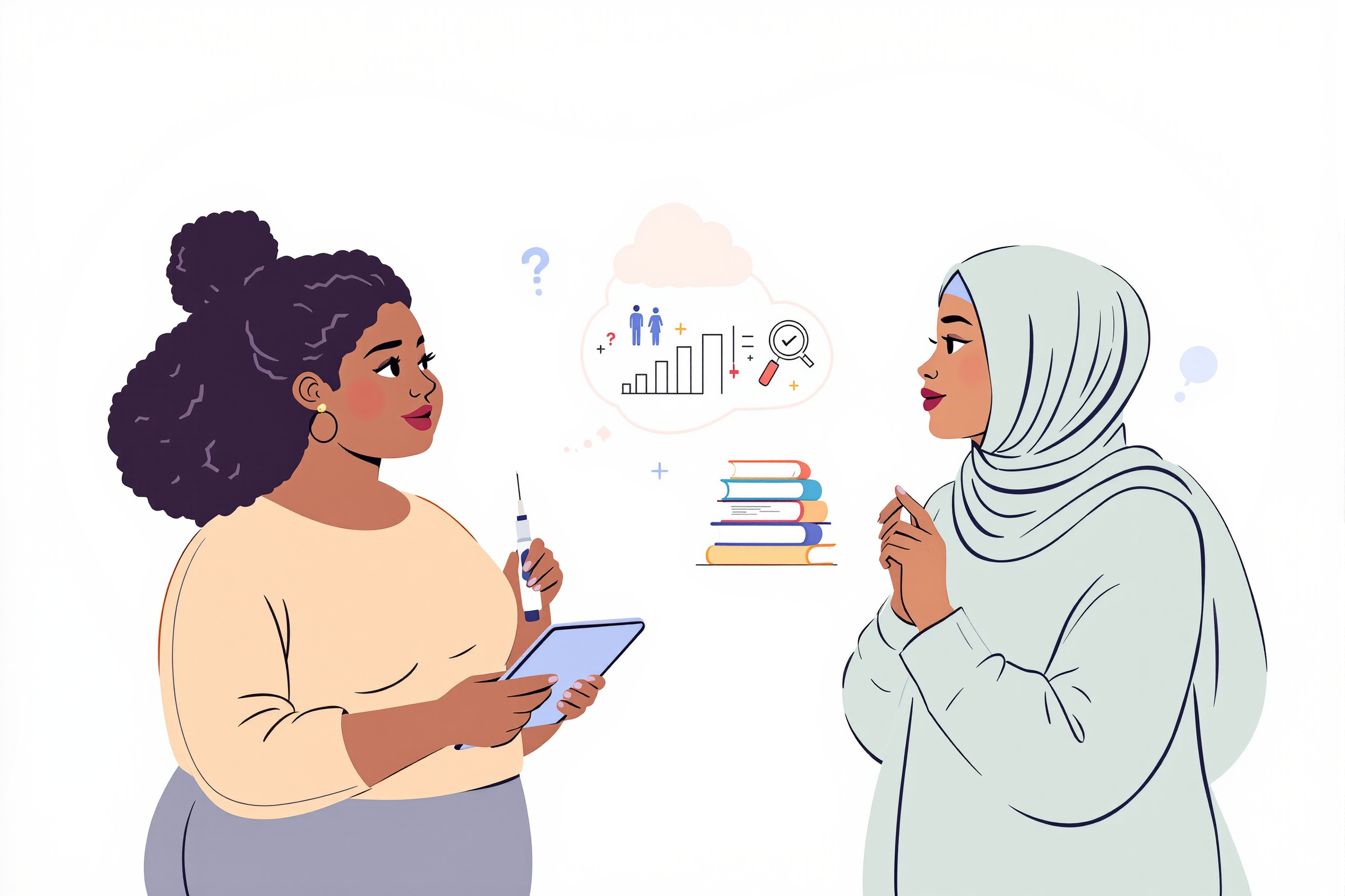 Flache Vektorillustration: Drei diverse Frauen mit Lipödem-typischen Figuren diskutieren analytisch über eine Abnehmspritze, symbolisiert durch den visuellen Vergleich von Hype und wissenschaftlichen Fakten auf einem Tablet und in Symbolen.