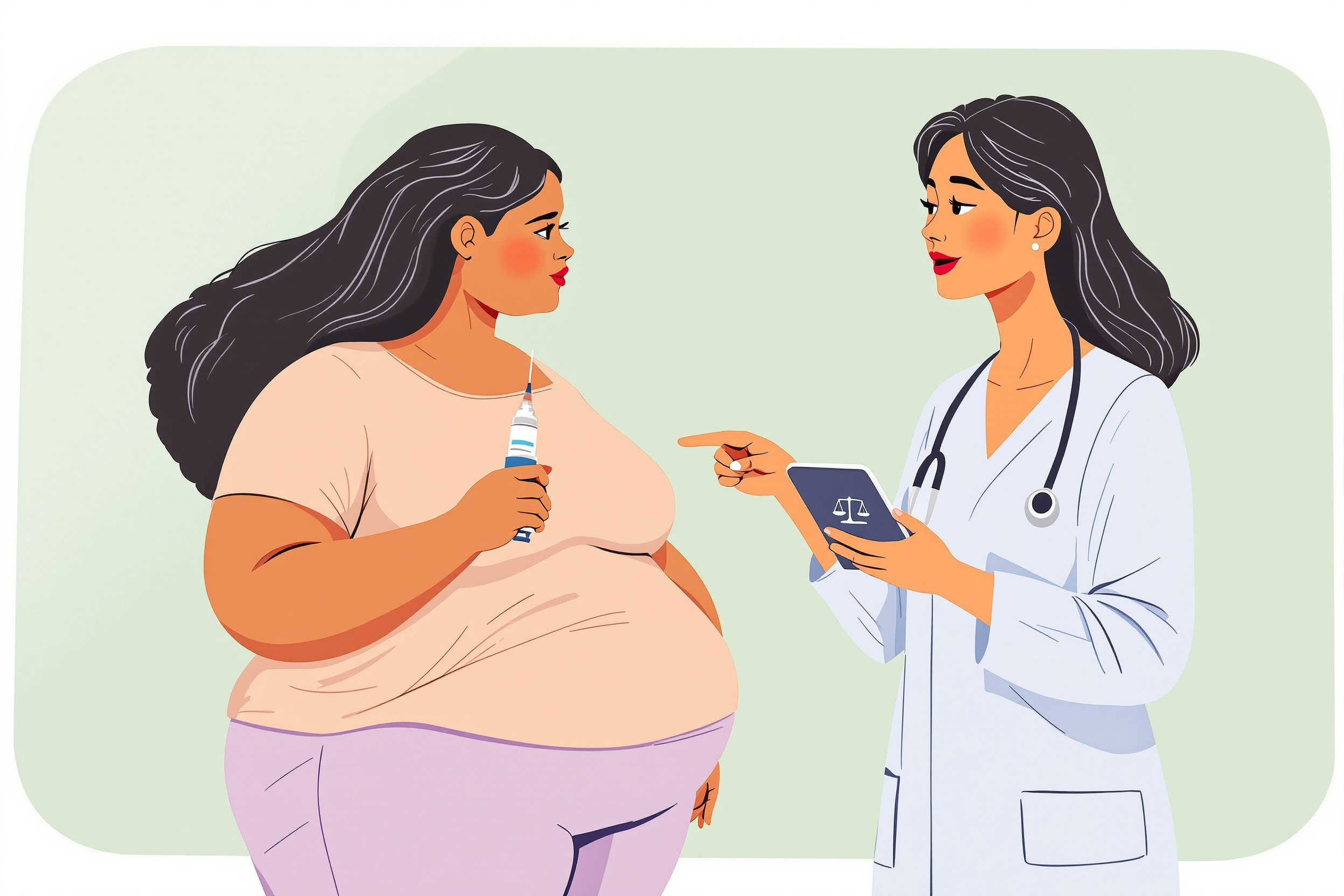 Flachvektor-Illustration: Eine kurvige Frau mit Lipödem betrachtet nachdenklich eine medizinische Abnehmspritze, während eine Ärztin ihr auf einem Tablet Informationen zeigt. Der Stil ist warm und körperpositiv.