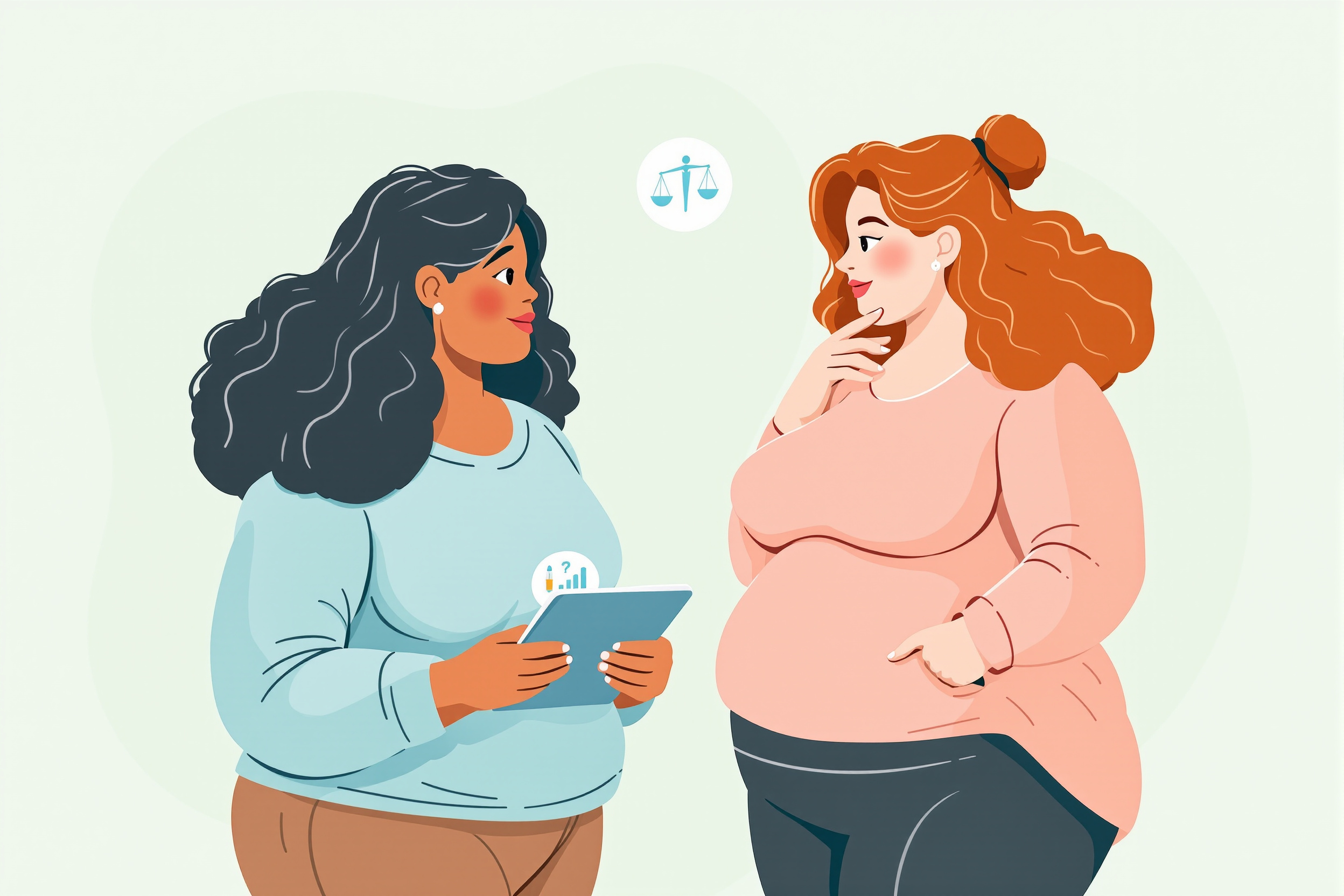 Eine flache Vektorillustration im redaktionellen Stil zeigt zwei diverse Frauen mit Lipödem-Merkmalen, die sich nachdenklich medizinische Informationen und Grafiken auf einem Tablet ansehen und diskutieren.