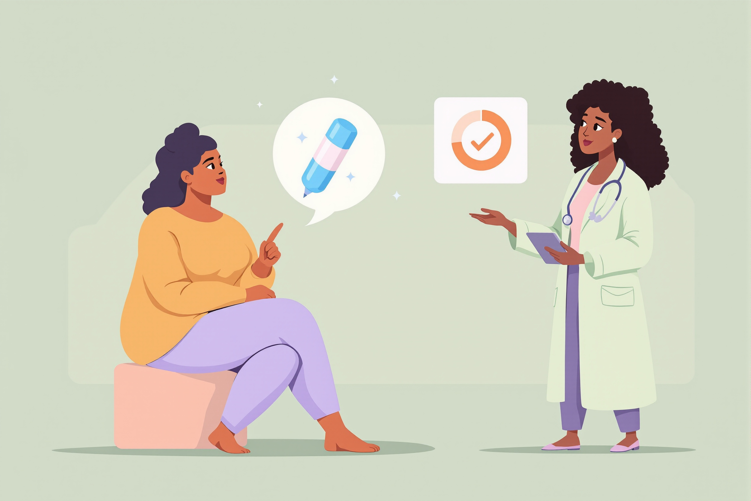 Vektorillustration im flachen Stil: Eine Ärztin und eine Patientin mit Lipödem betrachten nachdenklich eine stilisierte Ozempic-Spritze und eine Grafik, die Nutzen und Grenzen abwägt.