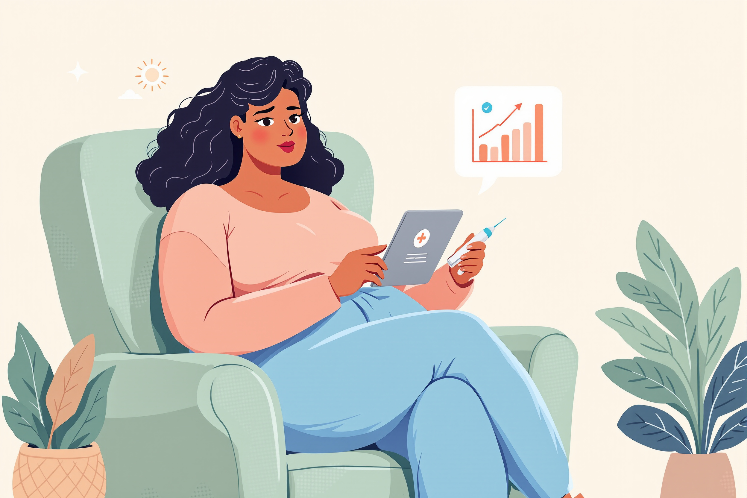 Editorial-Vektorillustration einer kurvigen Frau mit Lipödem, die nachdenklich einen medizinischen Injektions-Pen hält und eine grafische Analyse auf einem Tablet betrachtet.