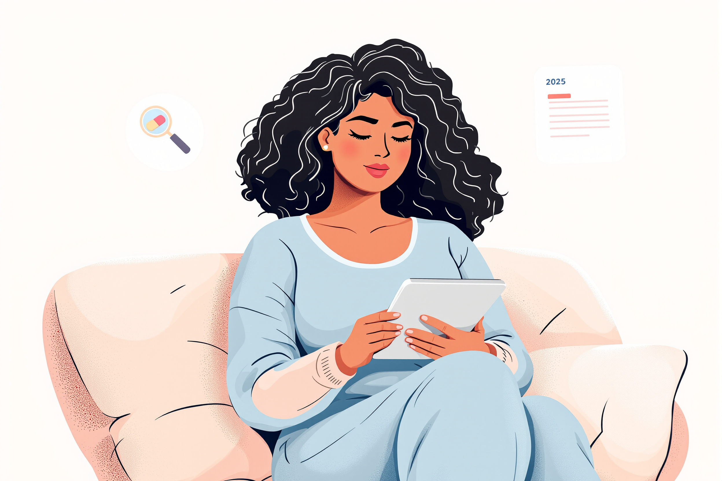 Eine flache Vektorillustration im redaktionellen Stil zeigt eine kurvige Frau, die nachdenklich auf ein Tablet mit Grafiken zu Wegovy und Lipödem blickt, vor einem pastellgrauen Hintergrund mit Symbolen für Analyse und das Jahr 2025.