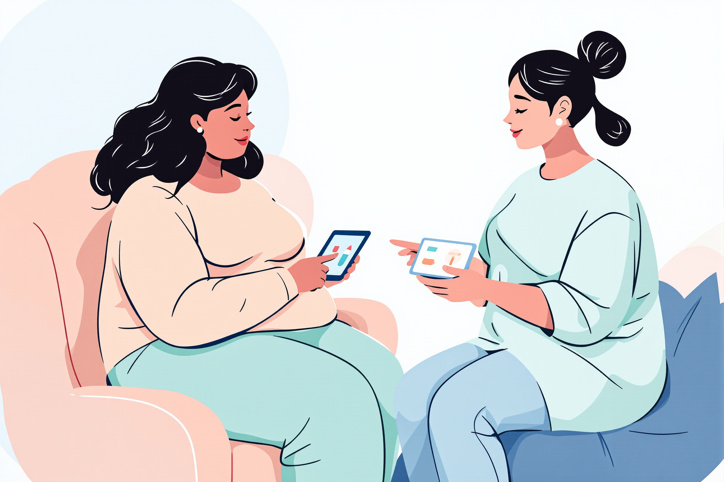 Eine flache Vektorillustration, die eine Ärztin und eine Patientin mit Lipödem zeigt, die gemeinsam auf einem Tablet Informationen zu einer neuen medizinischen Behandlungsoption zur Gewichtsreduktion betrachten.