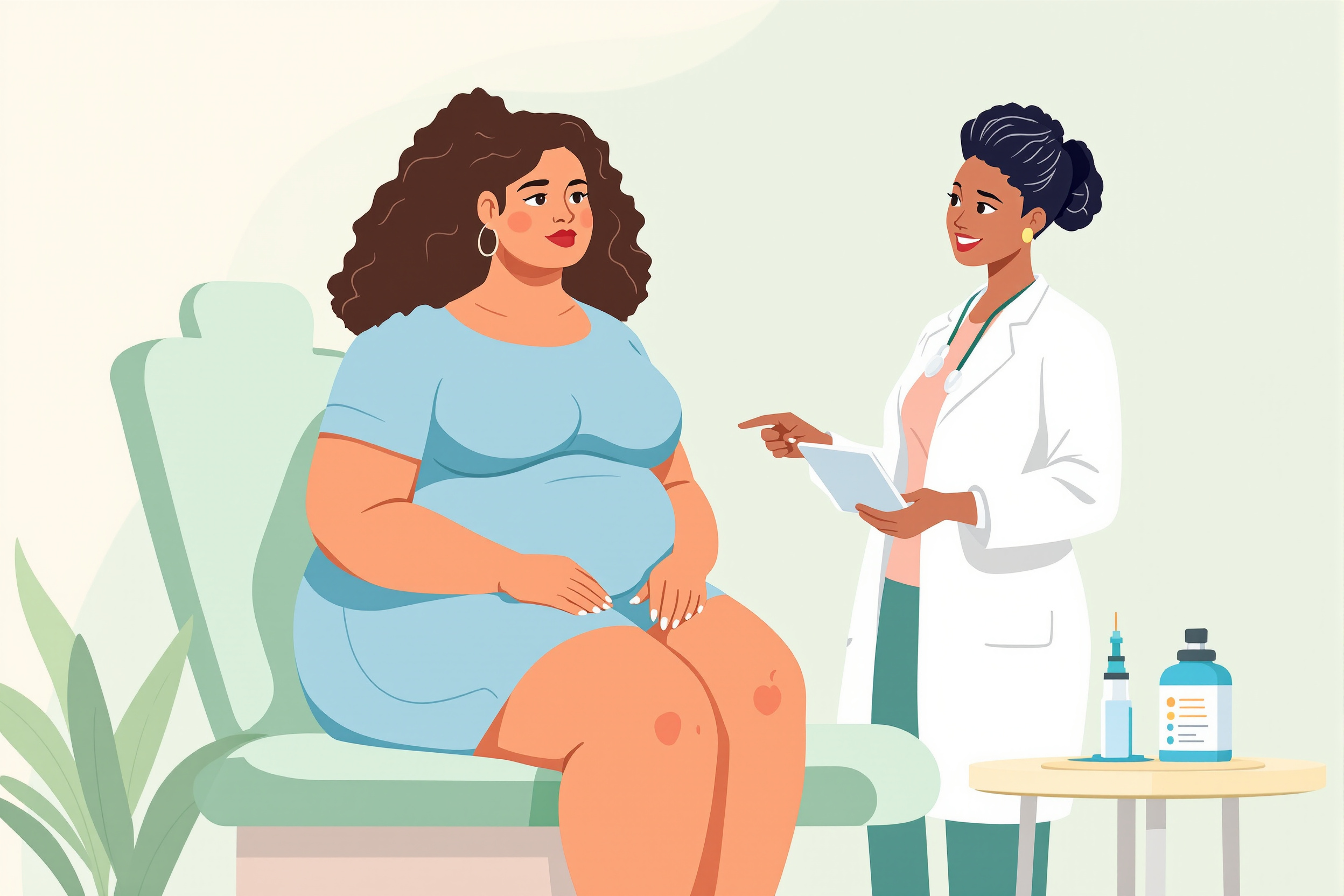 Eine Ärztin und eine Patientin mit Lipödem in einem Beratungsgespräch. Die Ärztin zeigt auf ein Tablet und einen Mounjaro-Pen auf einem Tisch. Beide Frauen sind divers und haben nachdenkliche, aber unterstützende Ausdrücke in einem freundlichen, flachen Vektorstil.