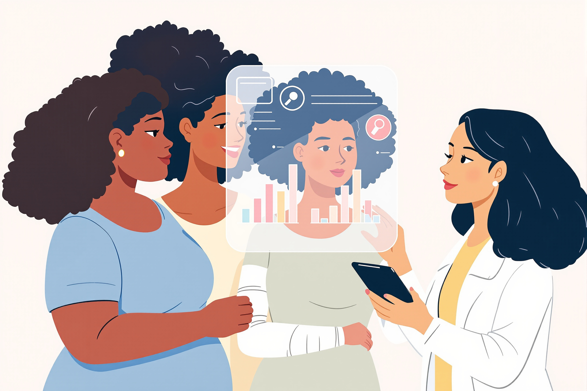 Flache Vektorillustration in Pastellfarben: Drei diverse Frauen, eine davon eine Ärztin, betrachten nachdenklich ein Display mit stilisierten medizinischen Diagrammen und einem Medikamenten-Icon, was die Analyse der Studienlage zu Mounjaro bei Lipödem darstellt.