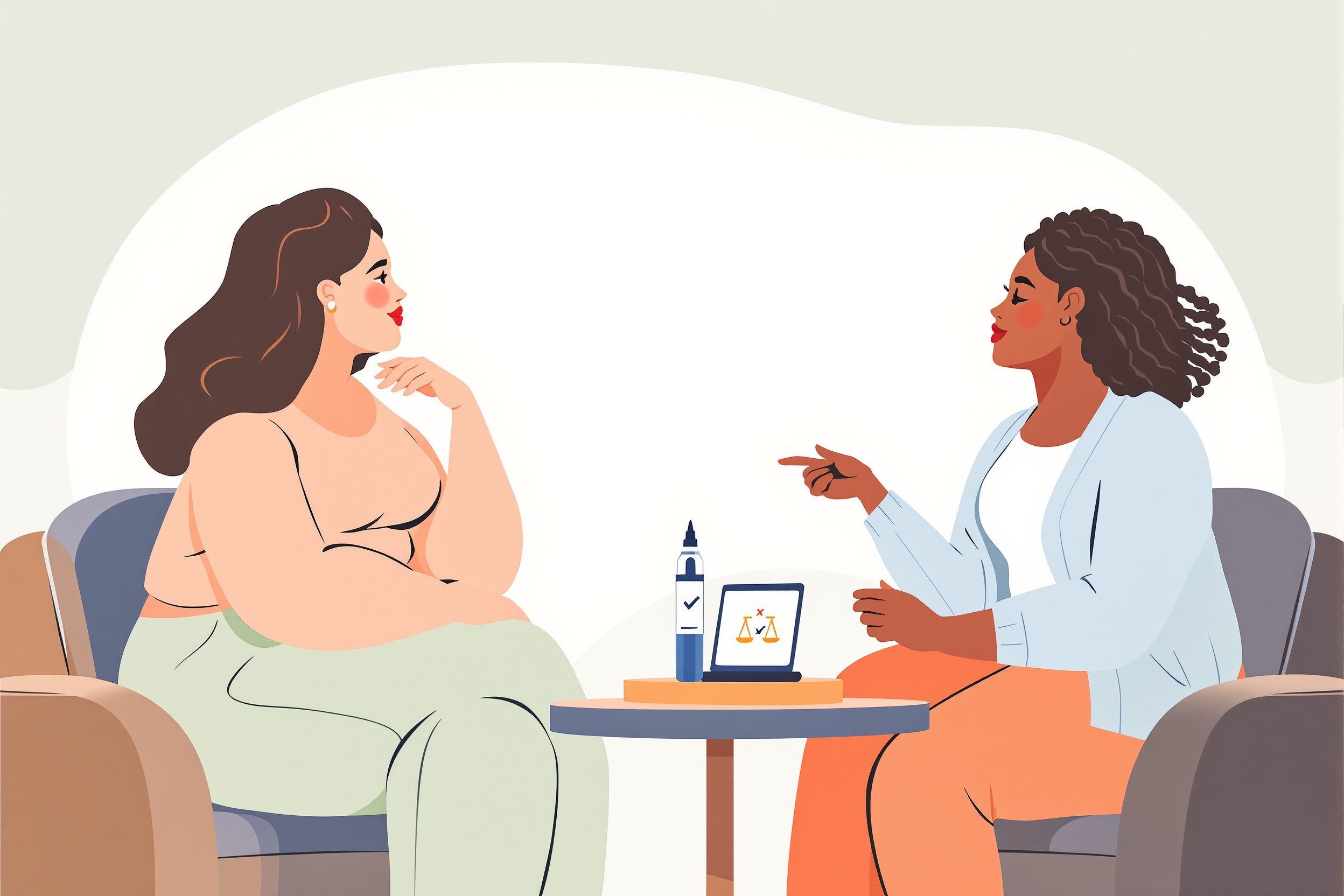 Vektorillustration im flachen Stil: Zwei diverse Frauen mit kurvigen Figuren betrachten nachdenklich einen medizinischen Pen und ein Tablet, das eine Analyse von Vor- und Nachteilen zeigt. Der Hintergrund ist pastellgrün.