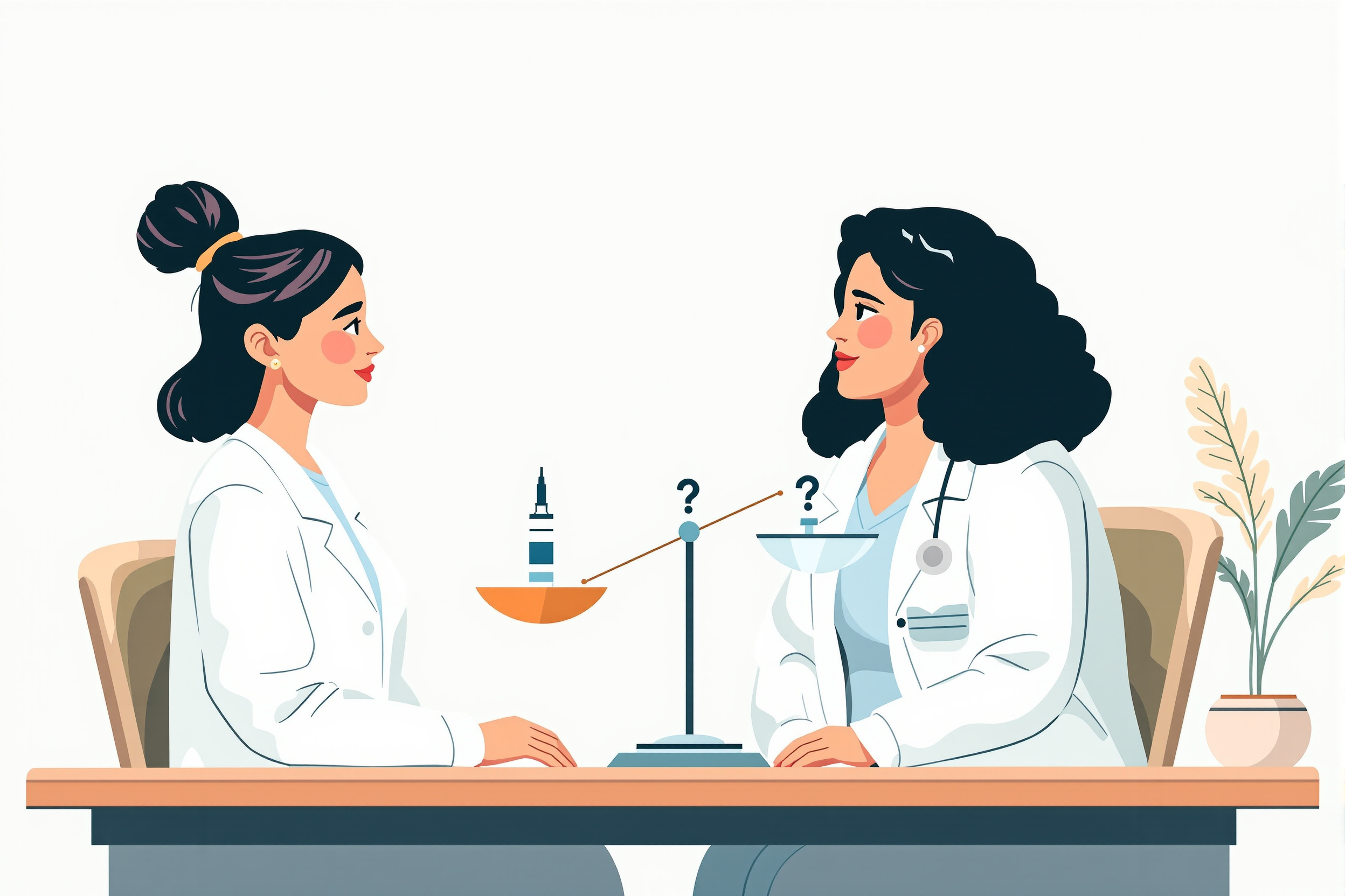 Flache Vektorillustration: Eine Ärztin und eine Patientin mit Lipödem betrachten eine Waage, die ein Medikament und ein Hindernis mit Fragezeichen ausbalanciert, symbolisch für die Abwägung von Chancen und Grenzen.