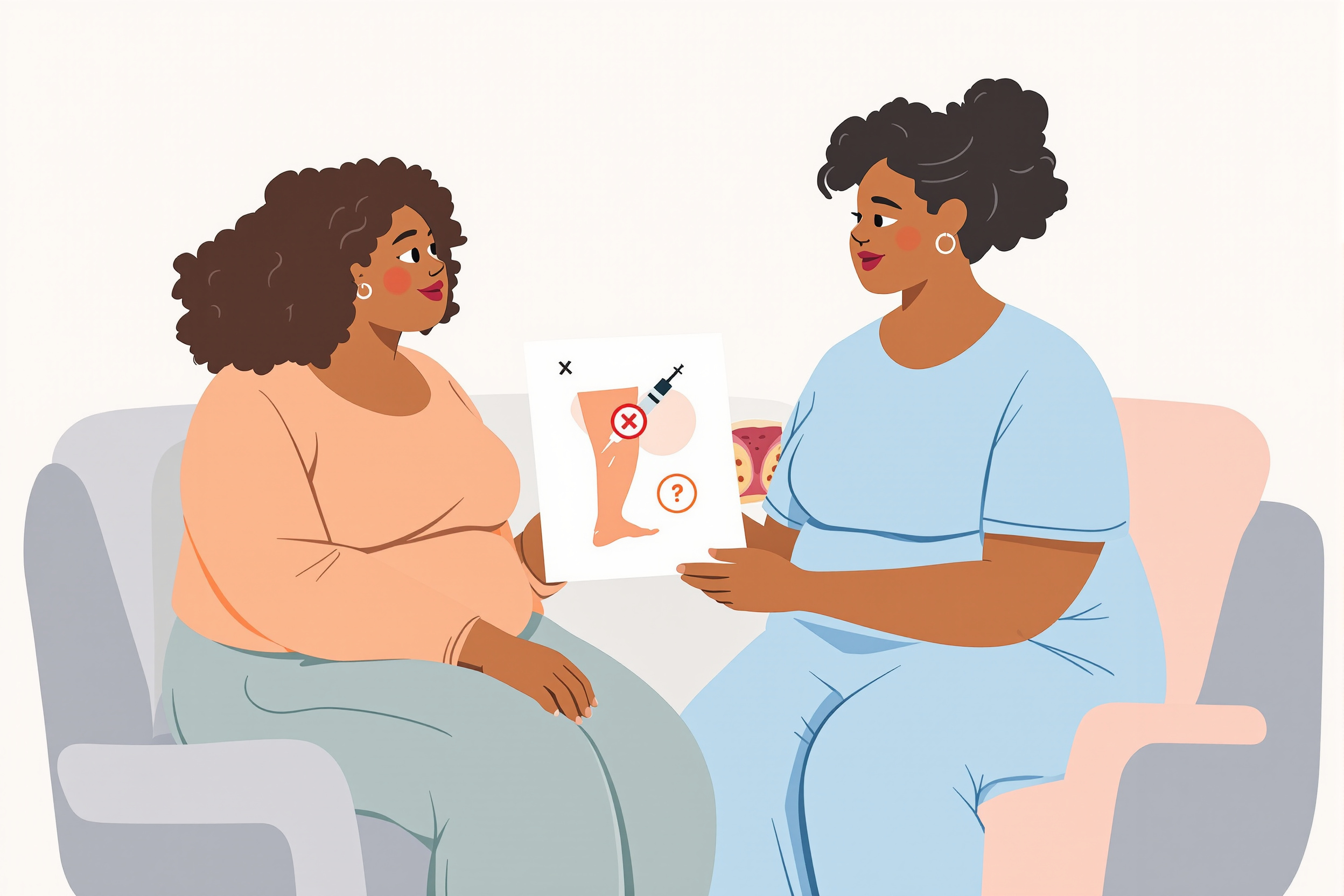 Editorial-Vektorillustration: Eine Ärztin erklärt einer Patientin mit kurviger Figur anhand eines Diagramms, dass die Fett-weg-Spritze bei Lipödem unwirksam ist, dargestellt durch eine durchgestrichene Spritze.