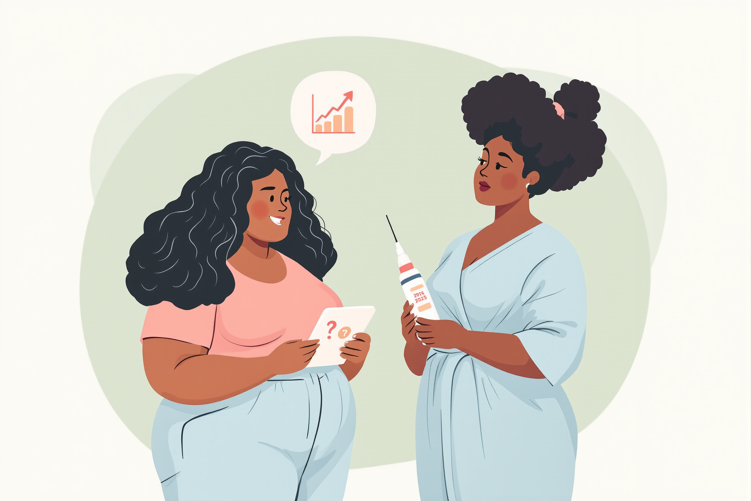 Flache Vektorillustration: Zwei diverse Frauen mit Lipödem betrachten nachdenklich ein Tablet mit einer Grafik und einen medizinischen Pen, symbolisch für die Analyse von GLP-1.