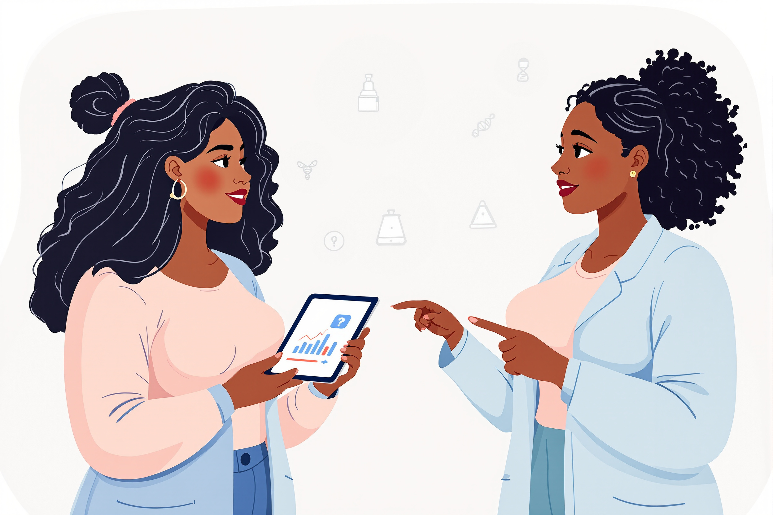 Eine flache Vektorillustration von zwei Frauen, die sich über Ozempic und Lipödem informieren. Eine Frau hält ein Tablet mit einem Medikamenten-Icon, während eine Ärztin auf ein Tablet mit der LipoCheck-App zeigt.