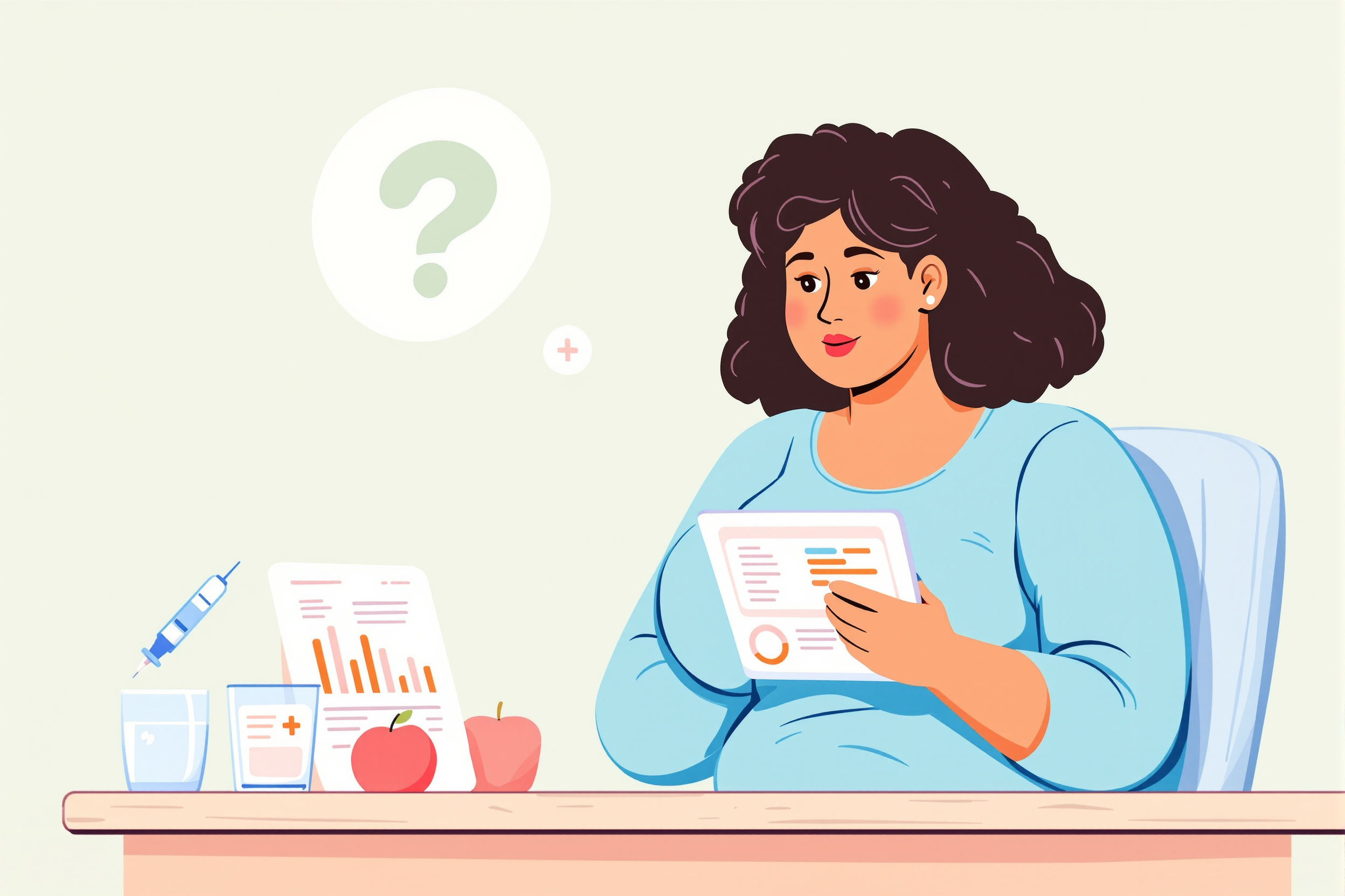 Eine redaktionelle Flachvektor-Illustration, die eine kurvige Frau mit Lipödem zeigt, die nachdenklich an einem Schreibtisch sitzt und auf einem Tablet medizinische Informationen zu Mounjaro recherchiert, neben einem stilisierten Injektionspen.