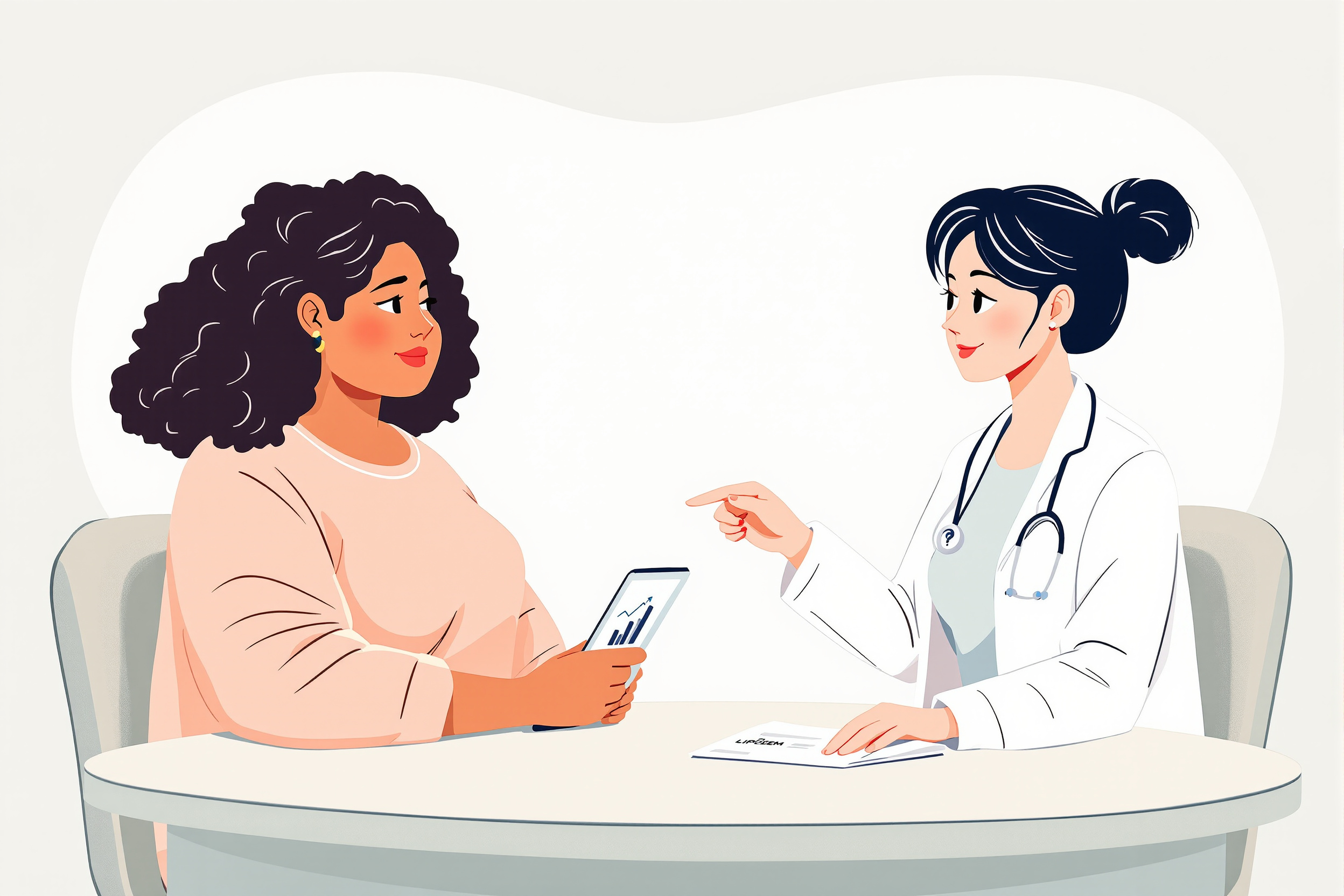 Eine flache Vektorillustration einer ärztlichen Beratung, bei der eine Patientin mit Lipödem und eine Ärztin Informationen zu Abnehmspritzen auf einem Tablet analysieren. Die Stimmung ist nachdenklich und informativ.