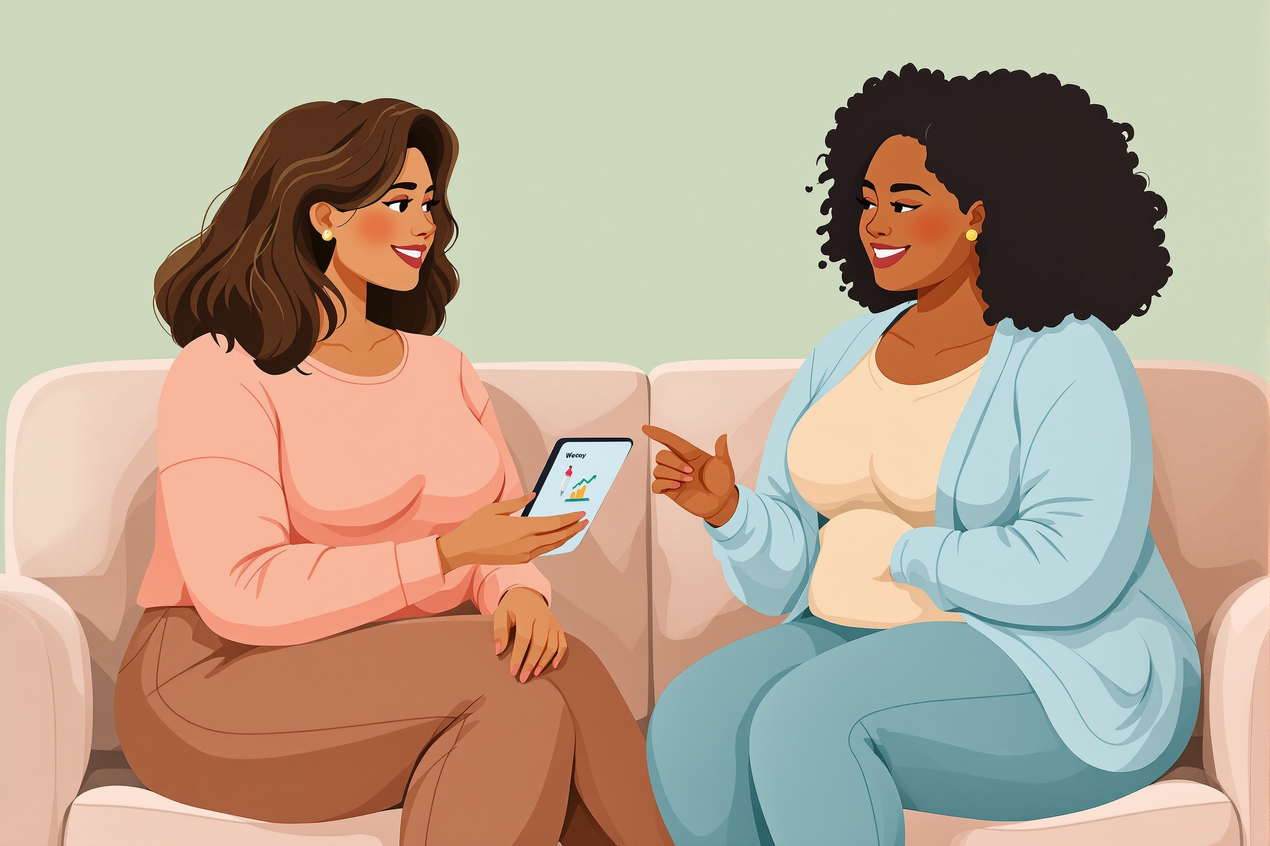 Flachvektor-Illustration: Zwei diverse Frauen mit Lipödem betrachten optimistisch Informationen zu einer neuen medizinischen Injektionstherapie auf einem Tablet.