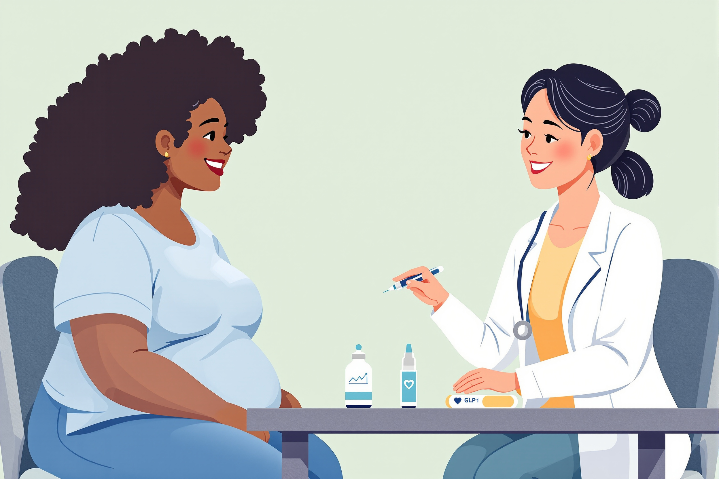 Vektorillustration: Eine Ärztin erklärt einer Patientin mit Lipödem die GLP-1 Therapie zur Gewichtsreduktion anhand eines Tablets.