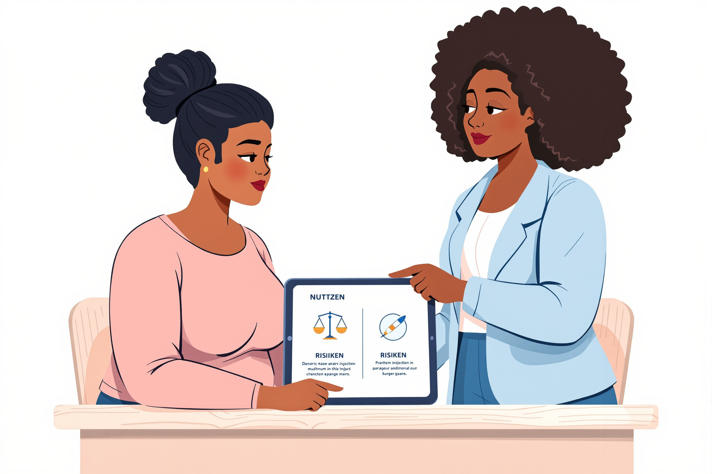 Eine flache Vektorillustration zeigt zwei diverse Frauen mit kurvigen Körperformen, die nachdenklich auf ein Tablet schauen. Der Bildschirm zeigt eine grafische Gegenüberstellung von 'Nutzen' und 'Risiken' in Bezug auf ein Medikament wie Ozempic. Der Stil ist freundlich, medizinisch-informativ und körperpositiv.