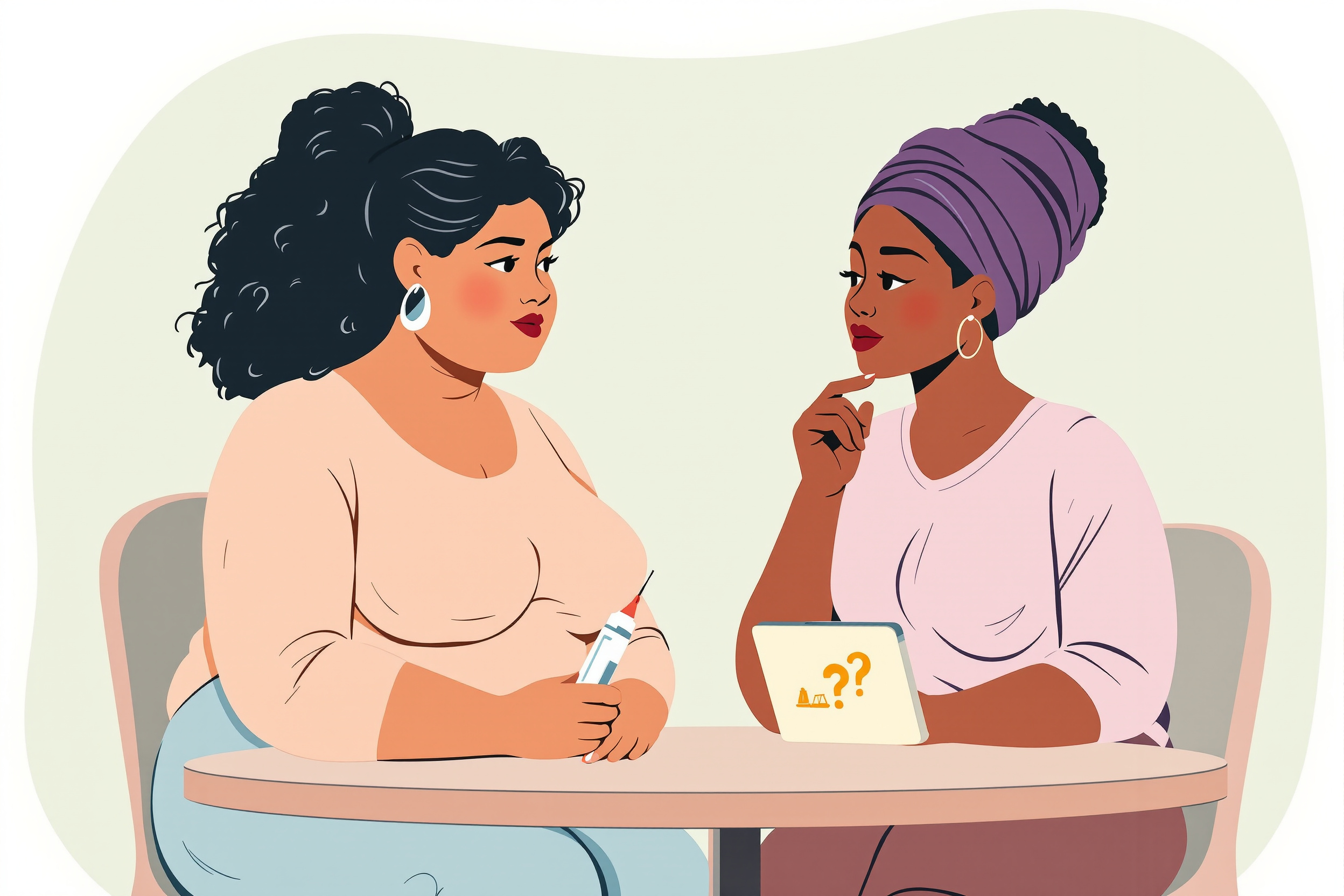 Flache Vektorillustration: Zwei kurvige Frauen betrachten nachdenklich eine medizinische Abnehmspritze und ein Tablet mit einem Fragezeichen-Symbol, dargestellt in einem pastellfarbenen, körperpositiven Stil.