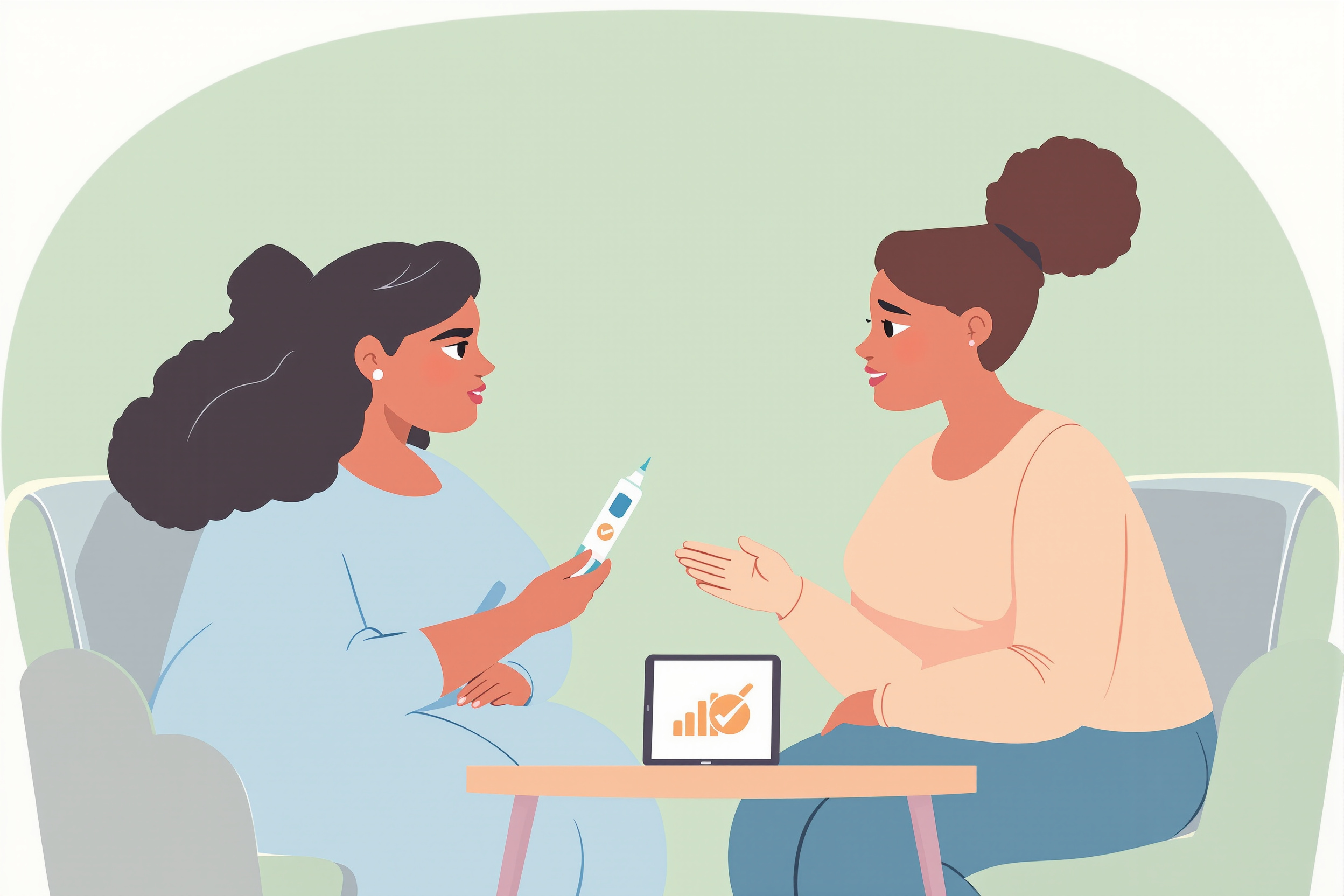 Flache Vektorillustration im Pastellstil: Zwei Frauen unterschiedlicher Statur sitzen zusammen und betrachten nachdenklich einen medizinischen Injektionspen und ein Tablet, symbolisch für eine Beratung zu Wegovy bei Lipödem.