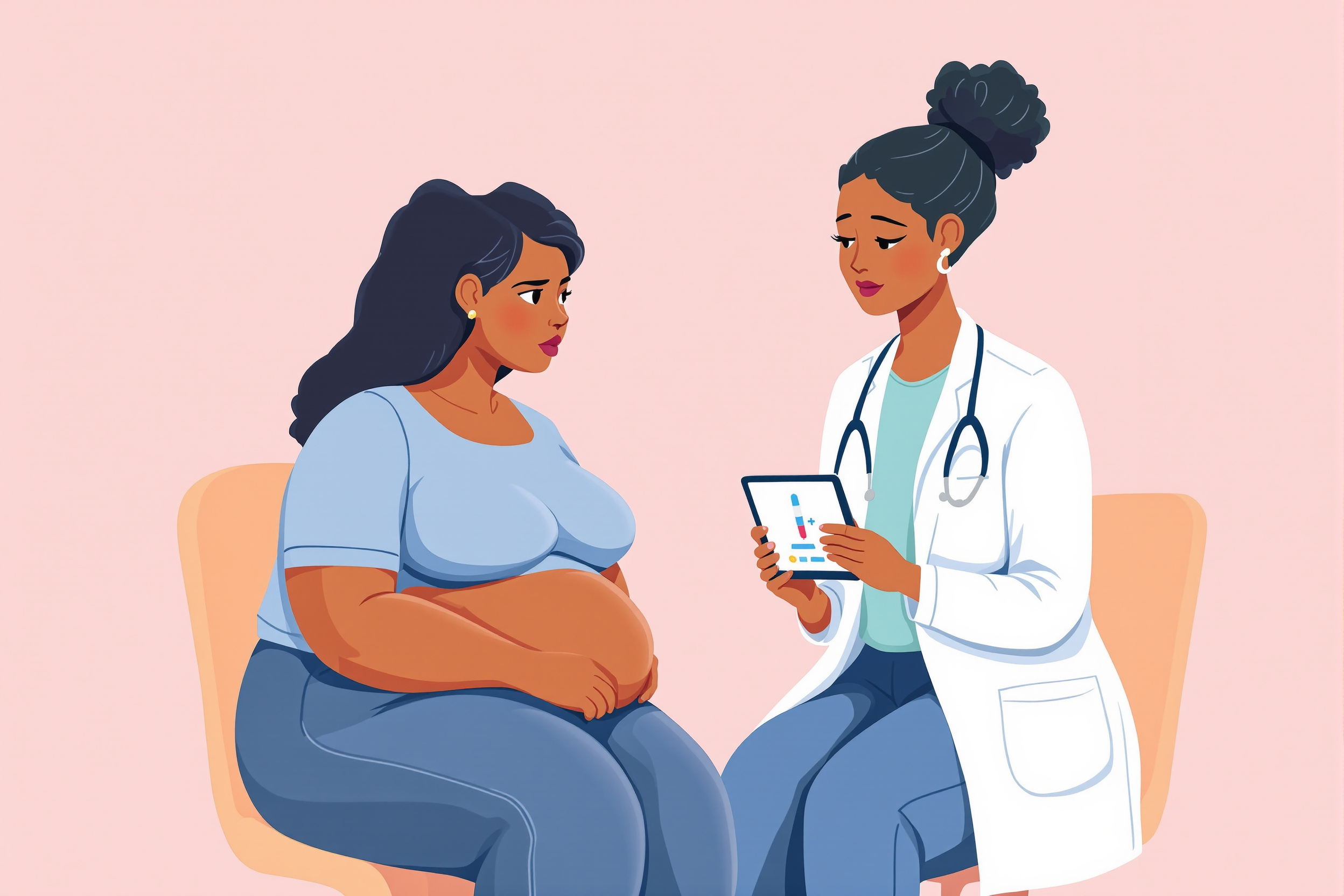 Flache Vektorillustration: Eine Ärztin und eine Patientin mit Lipödem besprechen eine Behandlung auf einem Tablet. Der Stil ist freundlich und verwendet Pastellfarben.