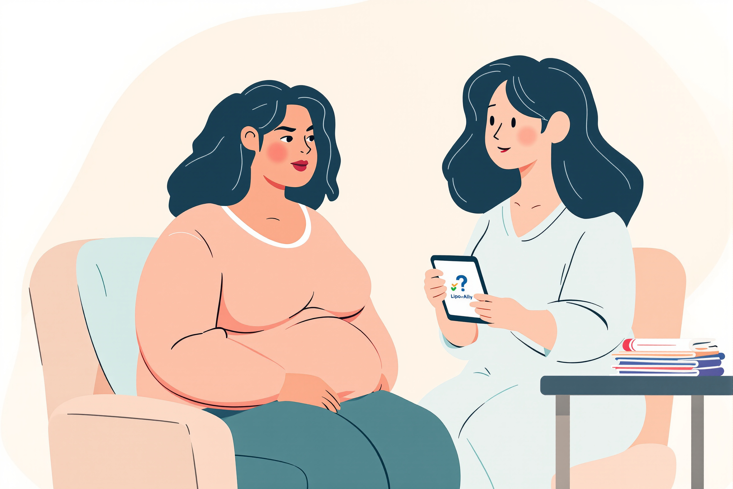 Flache Vektorillustration: Eine Ärztin und eine Patientin mit Lipödem besprechen auf einem Tablet die Risiken der Fett-weg-Spritze und zeigen Alternativen wie Kompression und eine App.