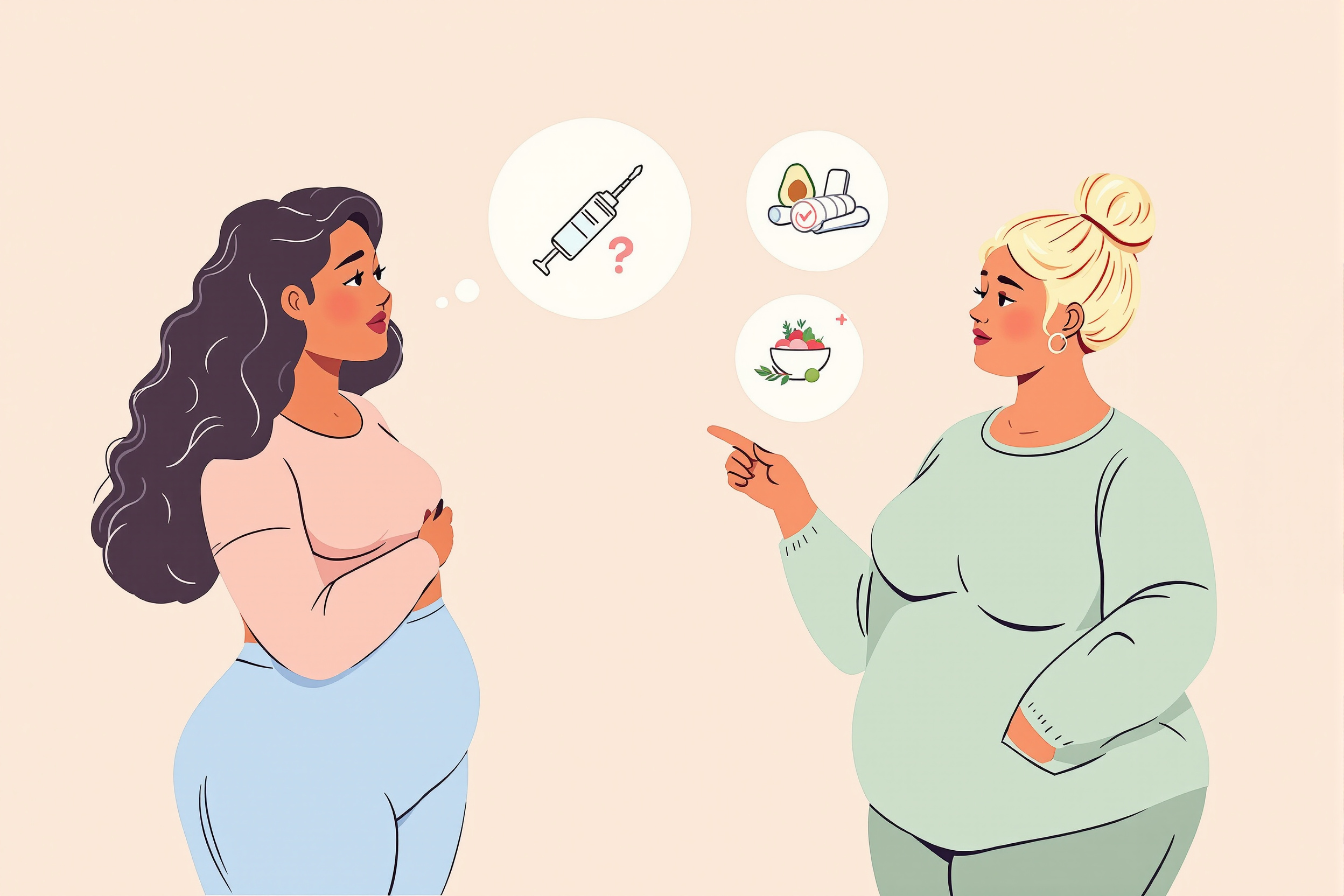 Flache Vektorillustration: Zwei Frauen betrachten nachdenklich Symbole für eine Injektionsspritze im Vergleich zu Alternativen wie Kompression, Ernährung und einer Gesundheits-App.