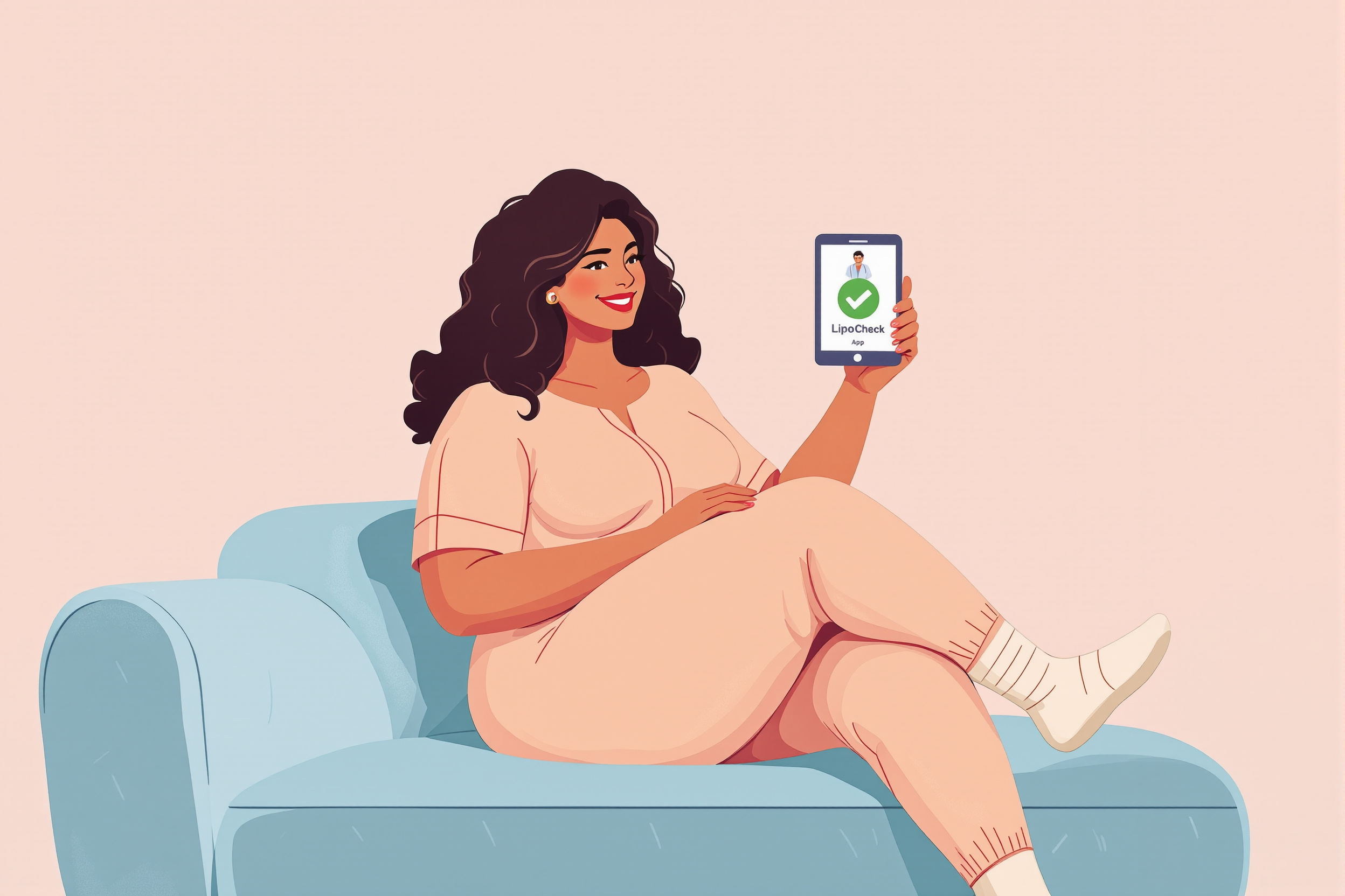 Flache Vektorillustration: Eine kurvige Frau blickt erleichtert auf ein Tablet, das eine bestätigte digitale Diagnose in der LipoCheck App zeigt.