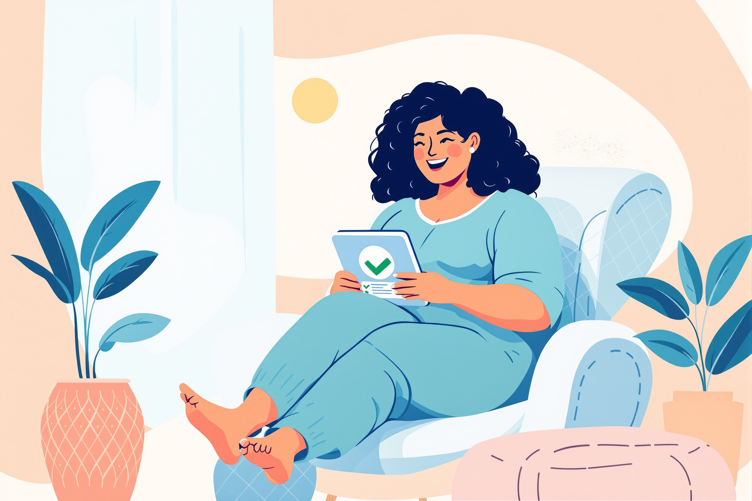 Vektorillustration: Eine kurvige Frau betrachtet lächelnd einen digitalen ärztlichen Befund auf ihrem Tablet, symbolisiert durch ein Häkchen für Klarheit bei Lipödem.