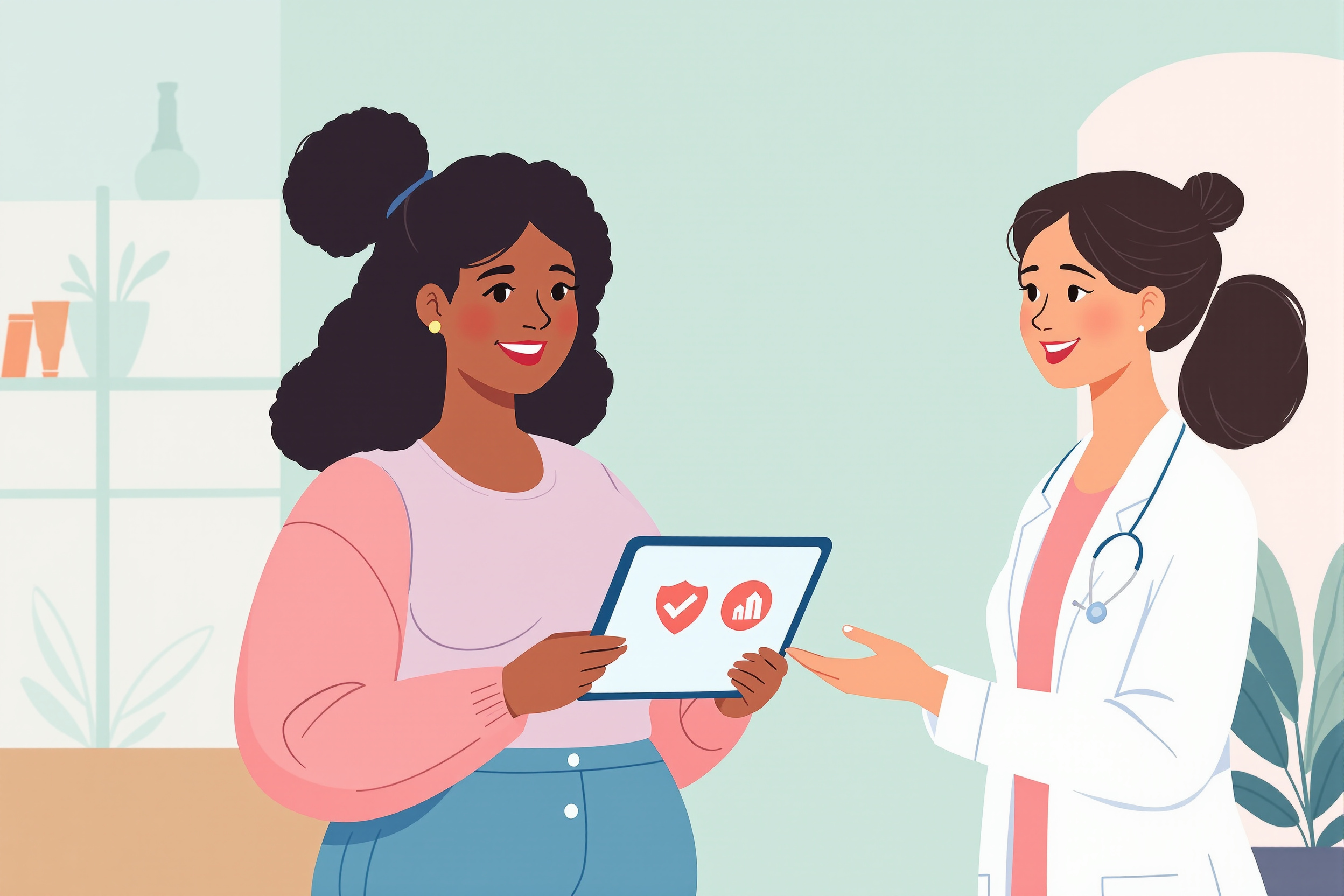 Eine flache Vektorillustration zeigt eine zufrieden lächelnde Patientin mit Lipödem und eine Ärztin in einer modernen Klinik, die gemeinsam auf ein Tablet mit Symbolen für Qualität und Behandlungserfolg schauen.