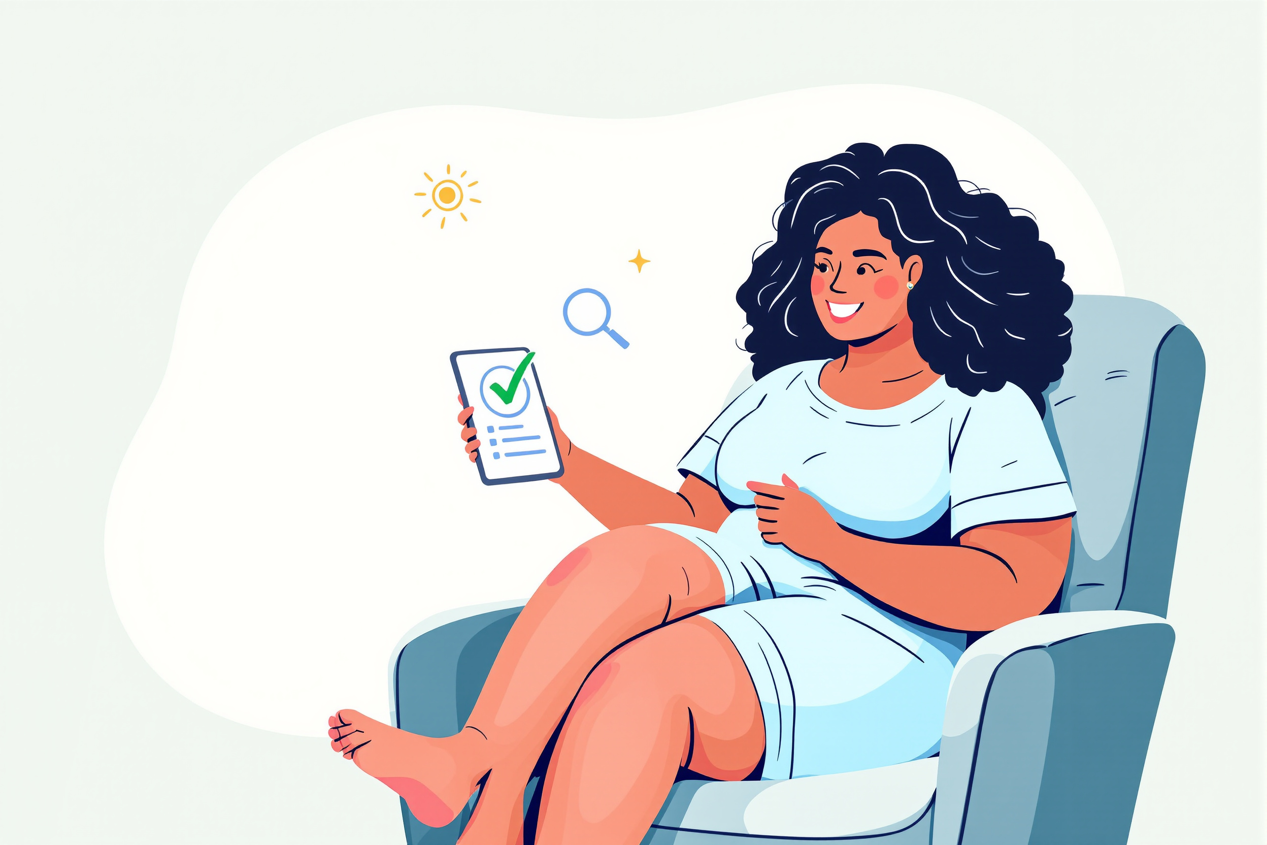 Editorial Flat Vector Illustration: Eine kurvige Frau mit Lipödem-Merkmalen blickt erleichtert auf ein Tablet, das einen positiven medizinischen Befund und ein Häkchen anzeigt. Der Stil ist warm und unterstützend.