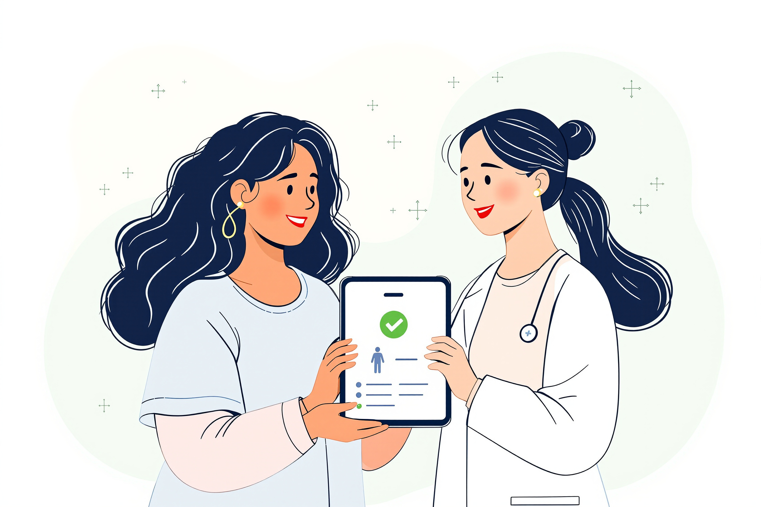 Vektorillustration: Eine kurvige Patientin und eine medizinische Expertin betrachten lächelnd gemeinsam eine Lipödem-App auf einem Tablet. Der Stil ist freundlich, in Pastellfarben gehalten und körperpositiv.