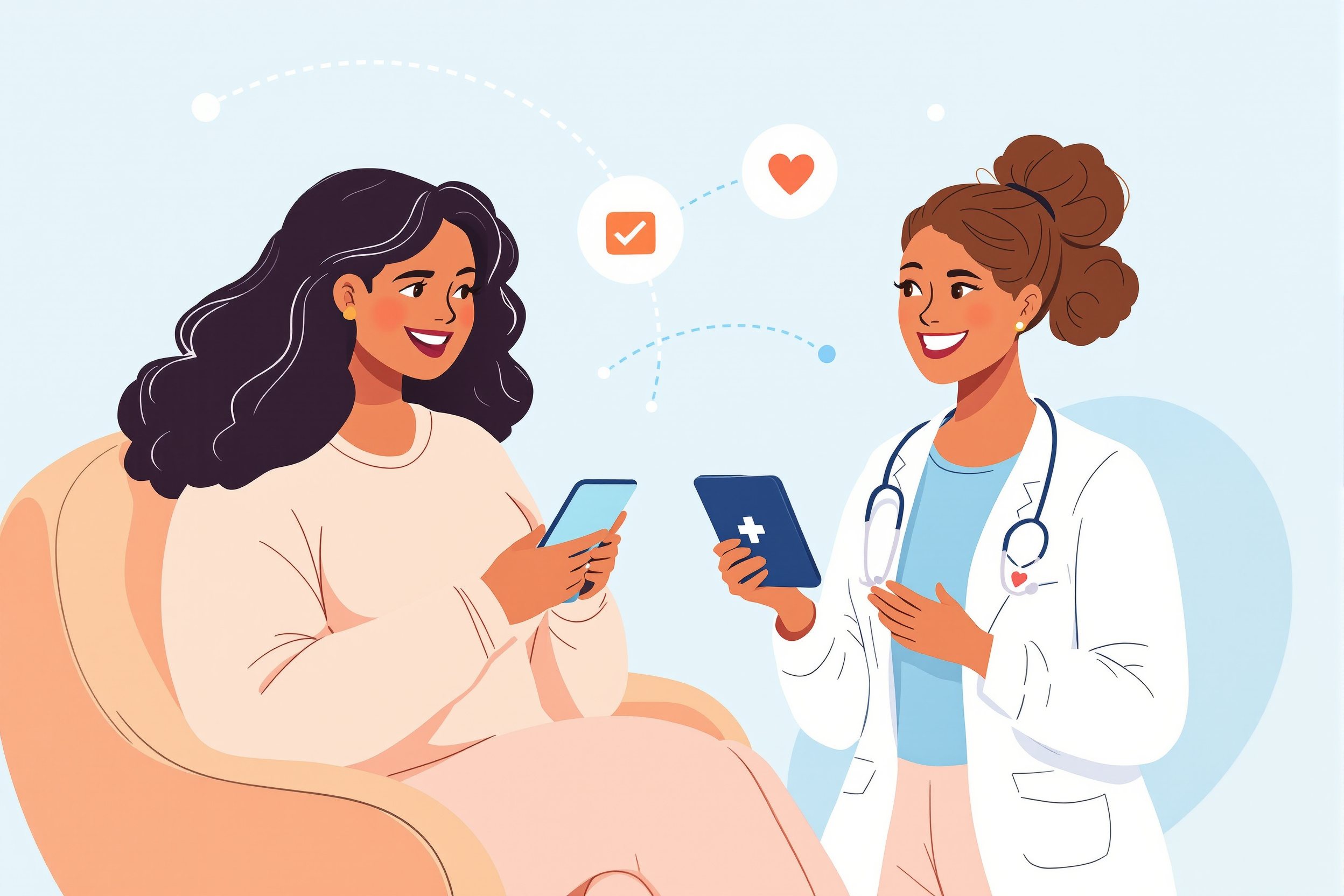 Eine kurvige Frau schaut hoffnungsvoll auf ihr Smartphone, das über eine digitale Verbindung eine freundliche Ärztin auf einem Tablet zeigt. Die Illustration im flachen Vektorstil symbolisiert die beschleunigte Lipödem-Diagnose per App.