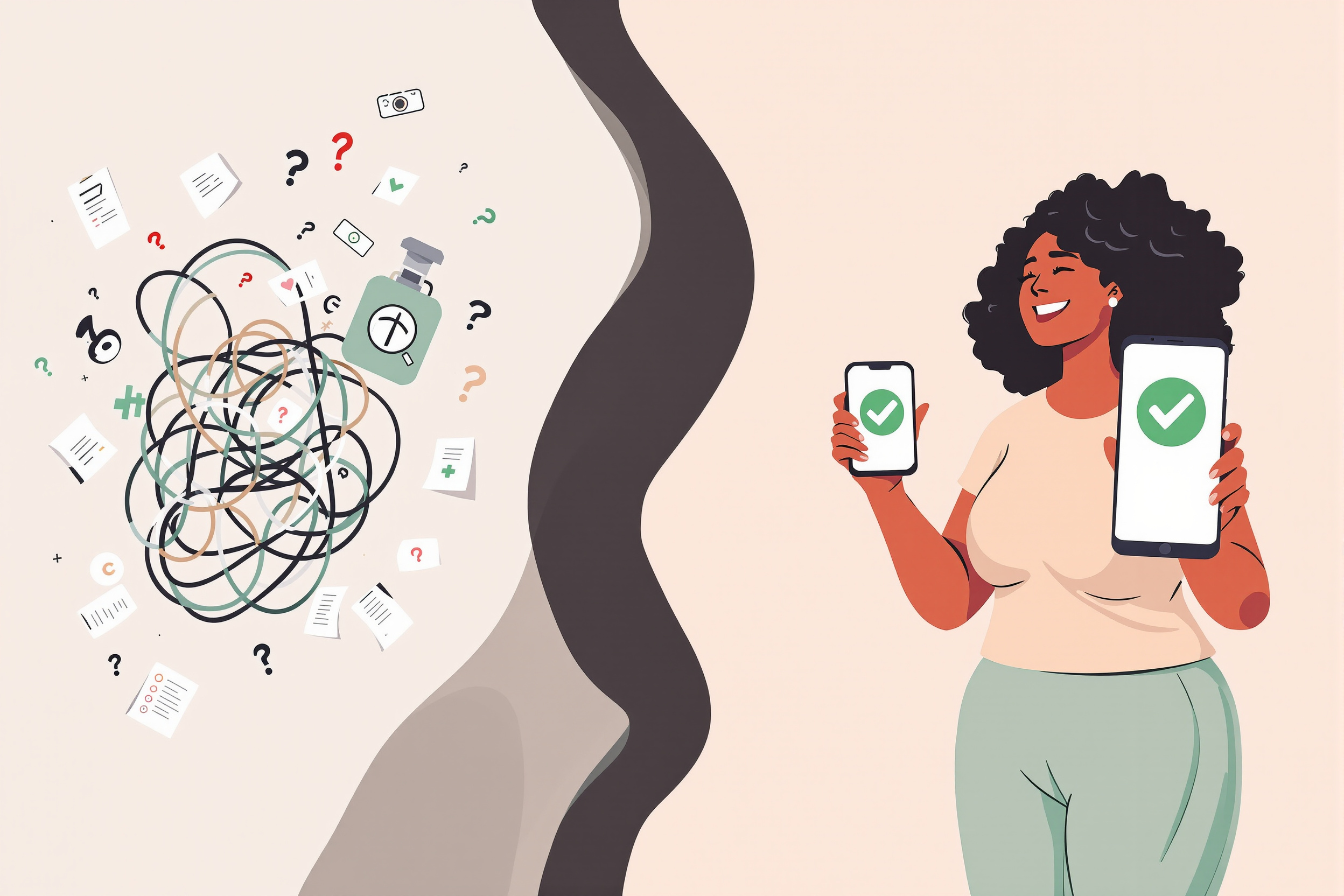 Flache Vektorillustration: Eine kurvige Frau wechselt von verwirrter Unsicherheit zu erleichterter Klarheit, während sie auf eine Smartphone-App mit einem grünen Häkchen blickt, was die Lipödem-Diagnose symbolisiert.