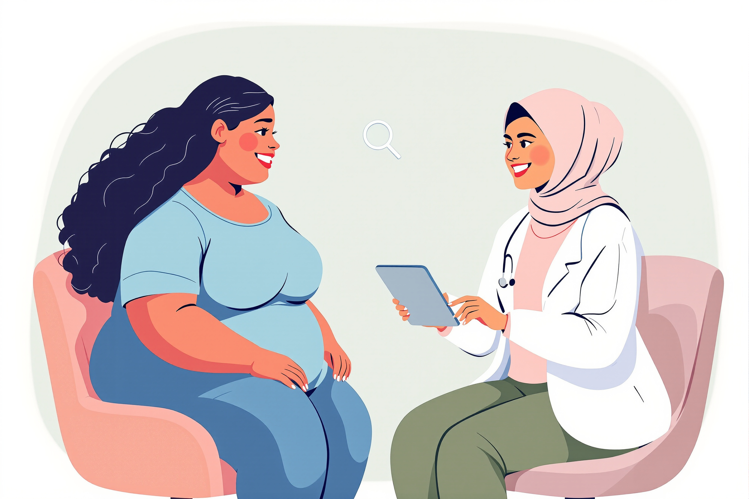 Eine Ärztin und eine Patientin mit Lipödem bei einem positiven Beratungsgespräch, die gemeinsam auf ein Tablet schauen, illustriert im flachen Vektorstil.