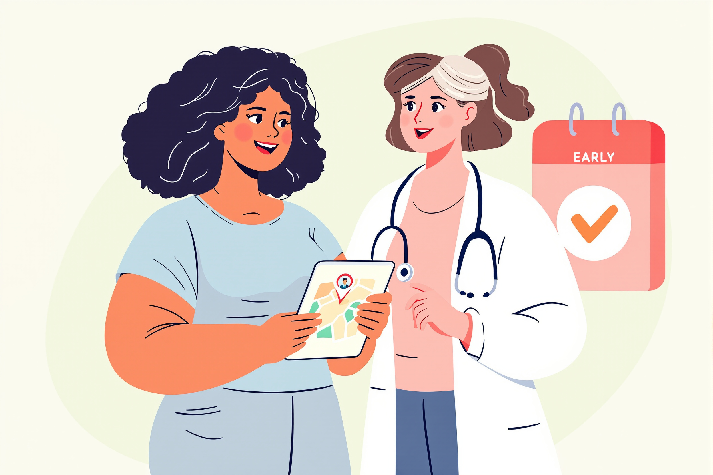Flache Vektorillustration: Eine kurvige Frau findet über ein Tablet einen Lipödem-Facharzt und wird von einer Ärztin begrüßt; ein Kalender mit Häkchen symbolisiert verkürzte Wartezeiten.