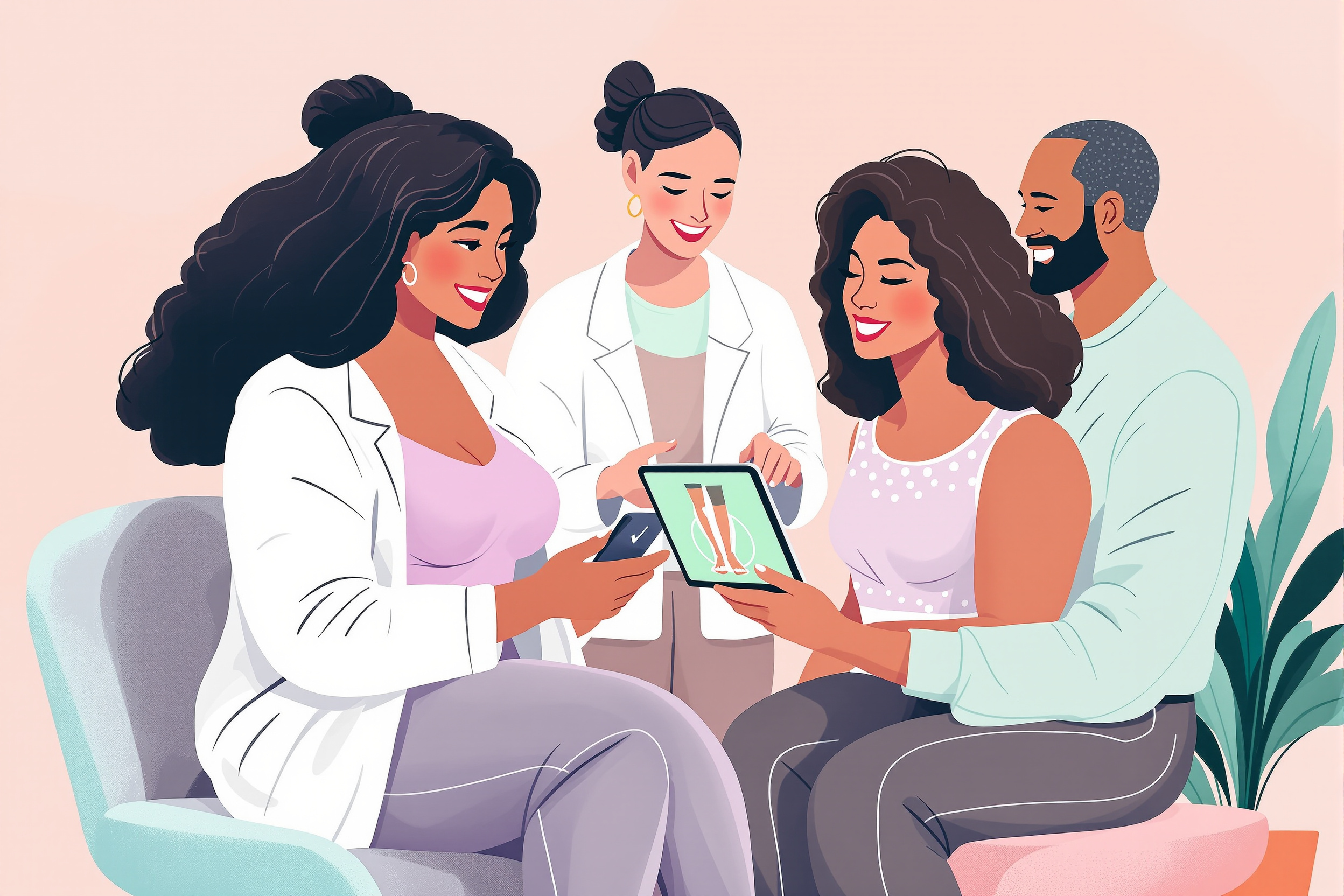 Flachvektor-Illustration: Ein diverses medizinisches Expertenteam (Ärztin und Spezialist) bespricht lächelnd digitale Diagnoseergebnisse auf einem Tablet mit einer kurvigen Patientin vor einem pastellrosafarbenen Hintergrund.
