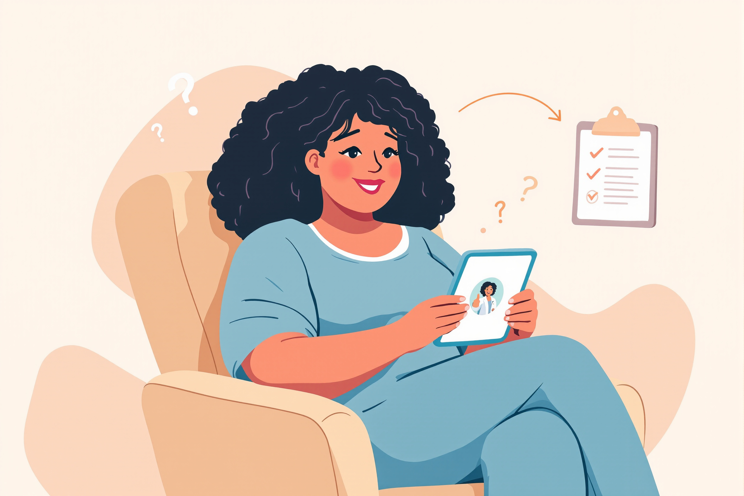 Flache Vektorillustration: Eine kurvige Frau nutzt ein Tablet für eine digitale Sprechstunde und erhält eine schnelle Diagnose, symbolisiert durch einen direkten Weg, der einen langen, kurvigen Pfad umgeht.