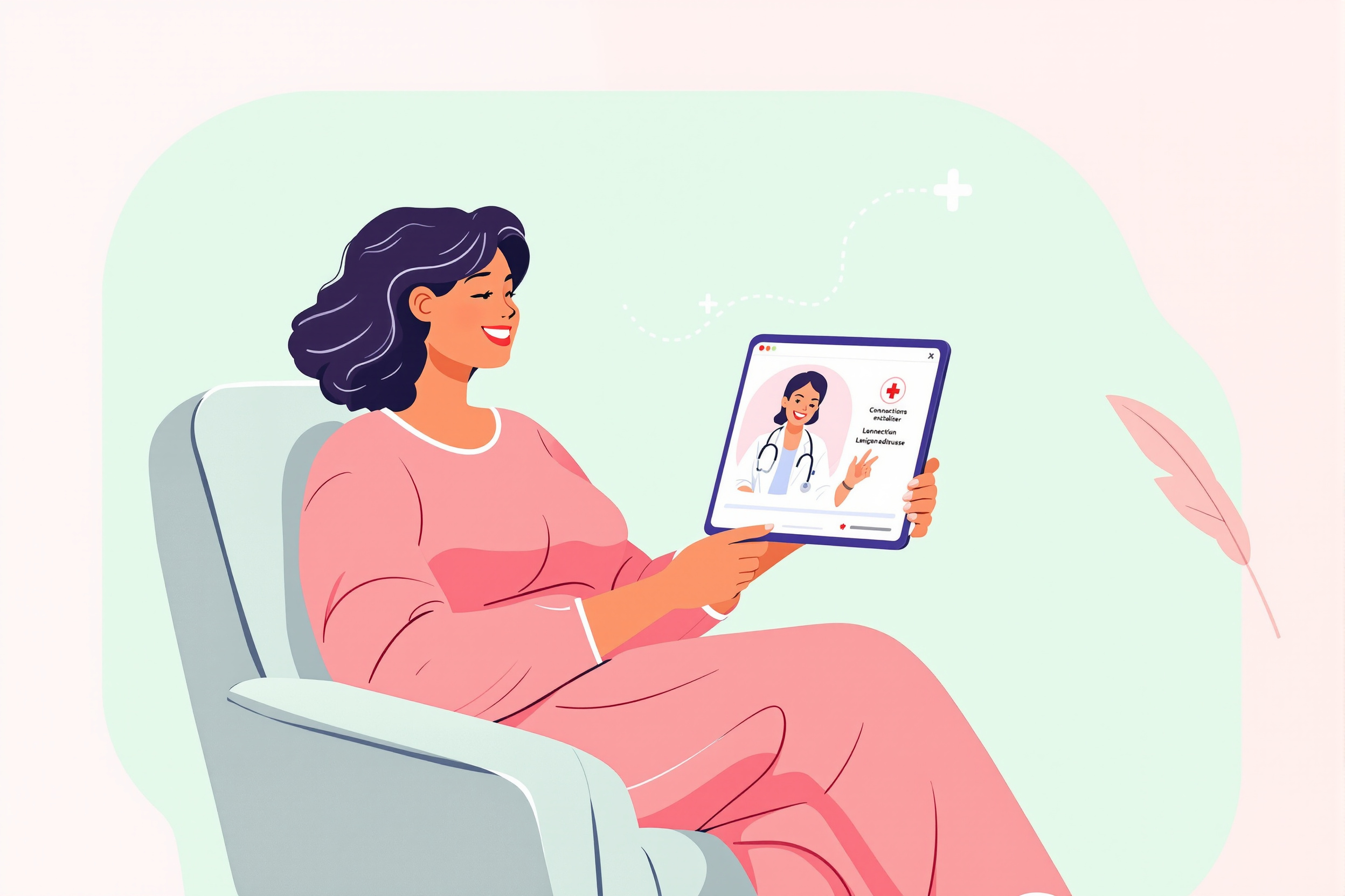 Redaktionelle Vektorillustration: Eine kurvige Patientin blickt erleichtert auf ein Tablet, das eine digitale Verbindung zu einer Fachärztin anzeigt. Der Stil ist warm, inklusiv und verwendet eine weiche Pastell-Farbpalette auf einem salbeigrünen Hintergrund, symbolisch für die LipoCheck App.