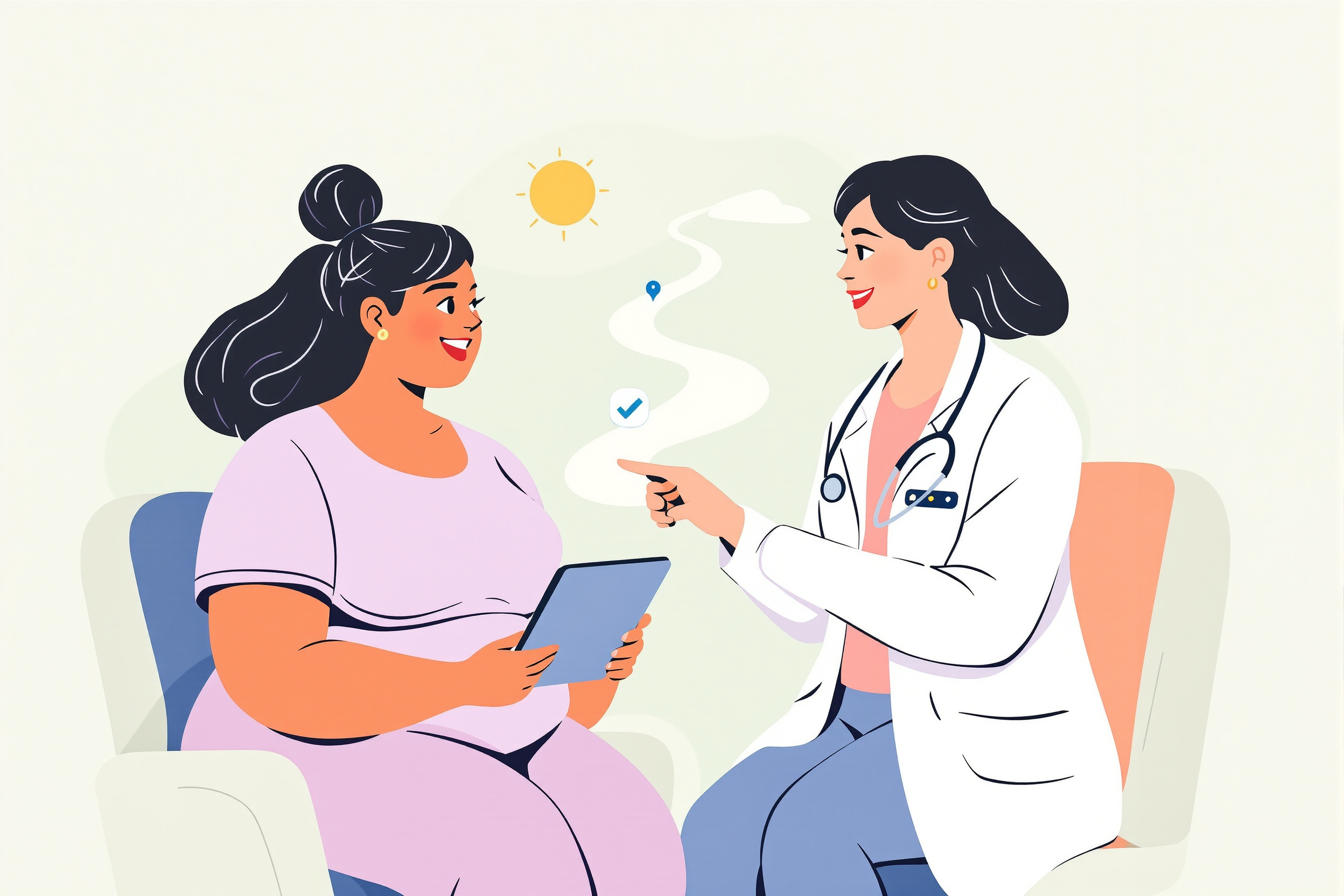 Eine freundliche Ärztin und eine Patientin mit Lipödem-typischer Figur besprechen lächelnd einen digitalen Diagnose- und Therapieplan auf einem Tablet, dargestellt als flache Vektorillustration.