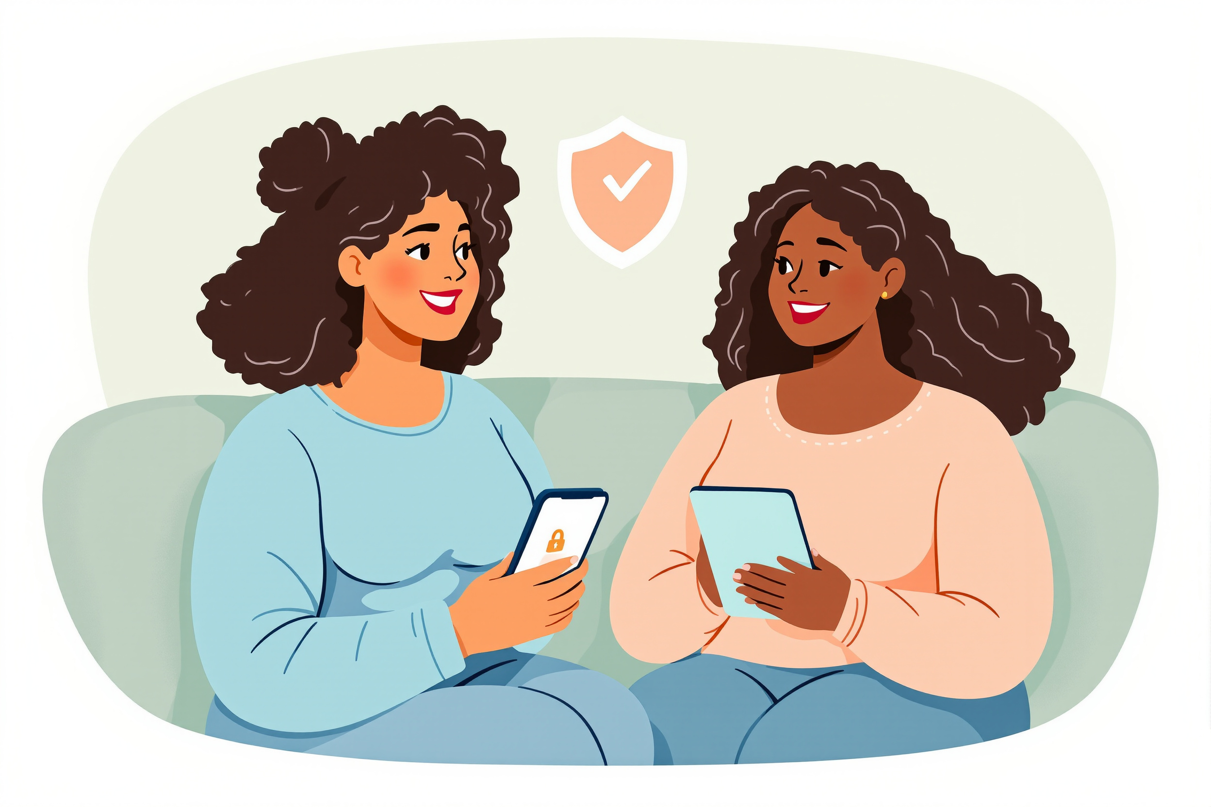 Editorial-Vektorillustration: Zwei diverse Frauen schauen vertrauensvoll auf ein Smartphone und ein Tablet, geschützt durch ein stilisiertes Schild-Symbol mit Häkchen, das Datensicherheit und DSGVO symbolisiert. Pastelgrüner Hintergrund.