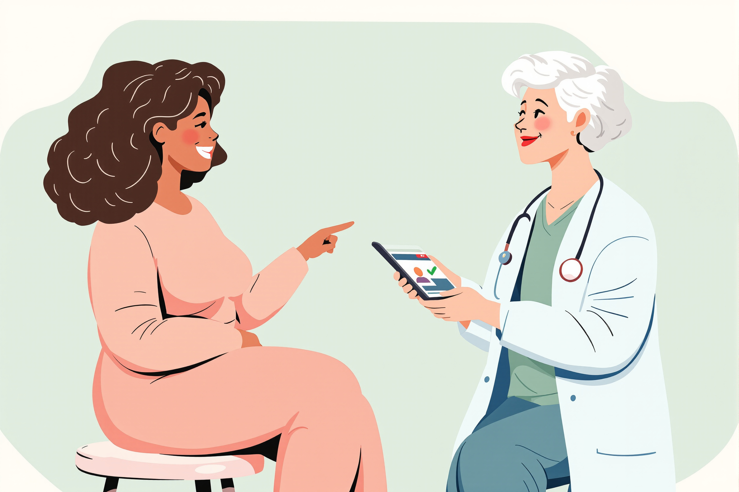 Eine freundliche Illustration im flachen Vektorstil: Eine kurvige Patientin und eine Fachärztin betrachten gemeinsam erleichtert einen digitalen medizinischen Befund auf einem Tablet, symbolisiert durch ein Häkchen.