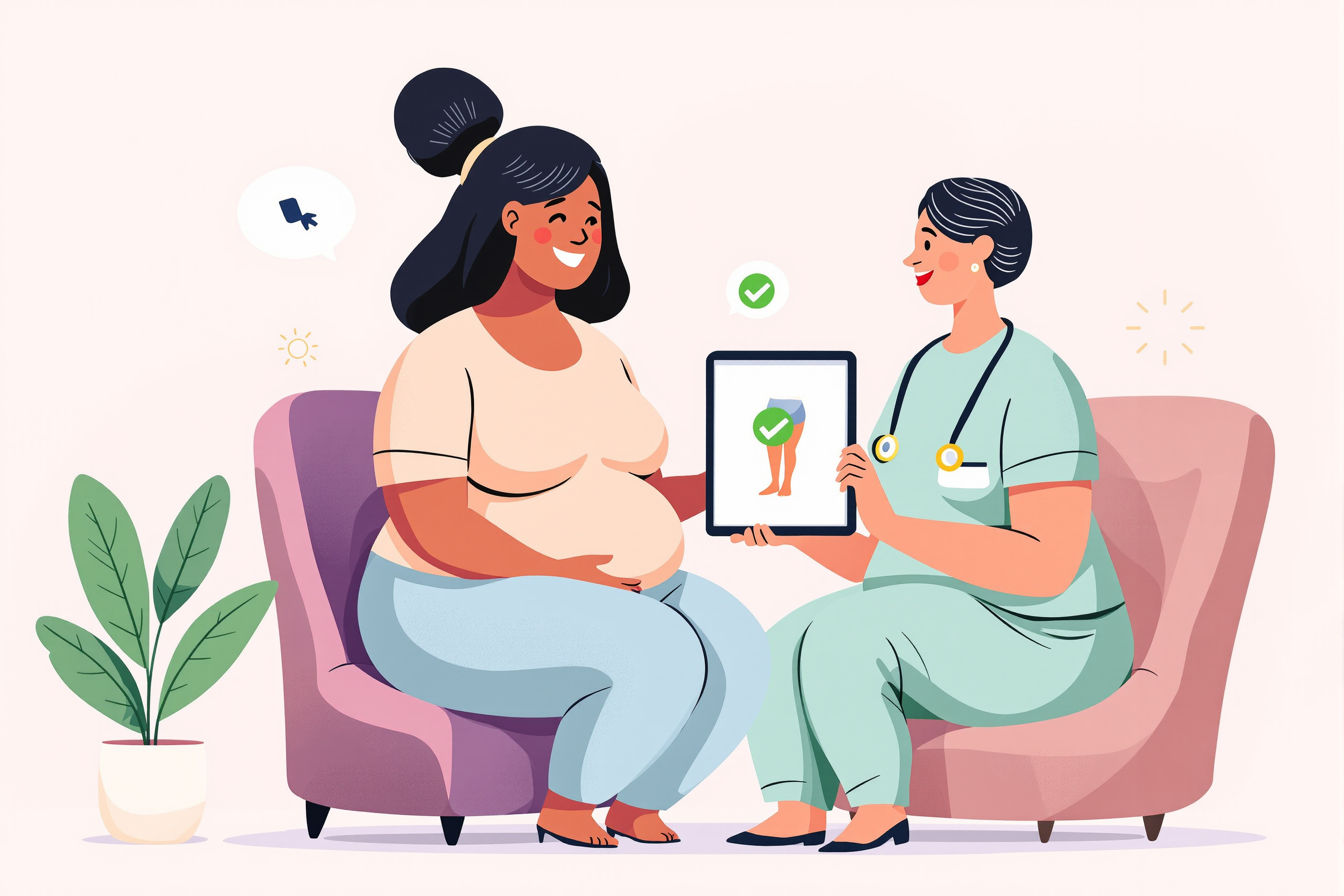 Flache Vektorillustration: Eine kurvige Patientin und eine freundliche Ärztin schauen erleichtert auf ein Tablet, das eine erfolgreiche Lipödem-Diagnose mit einem grünen Häkchen symbolisiert. Die Szene ist warm, unterstützend und in Pastellfarben gehalten.