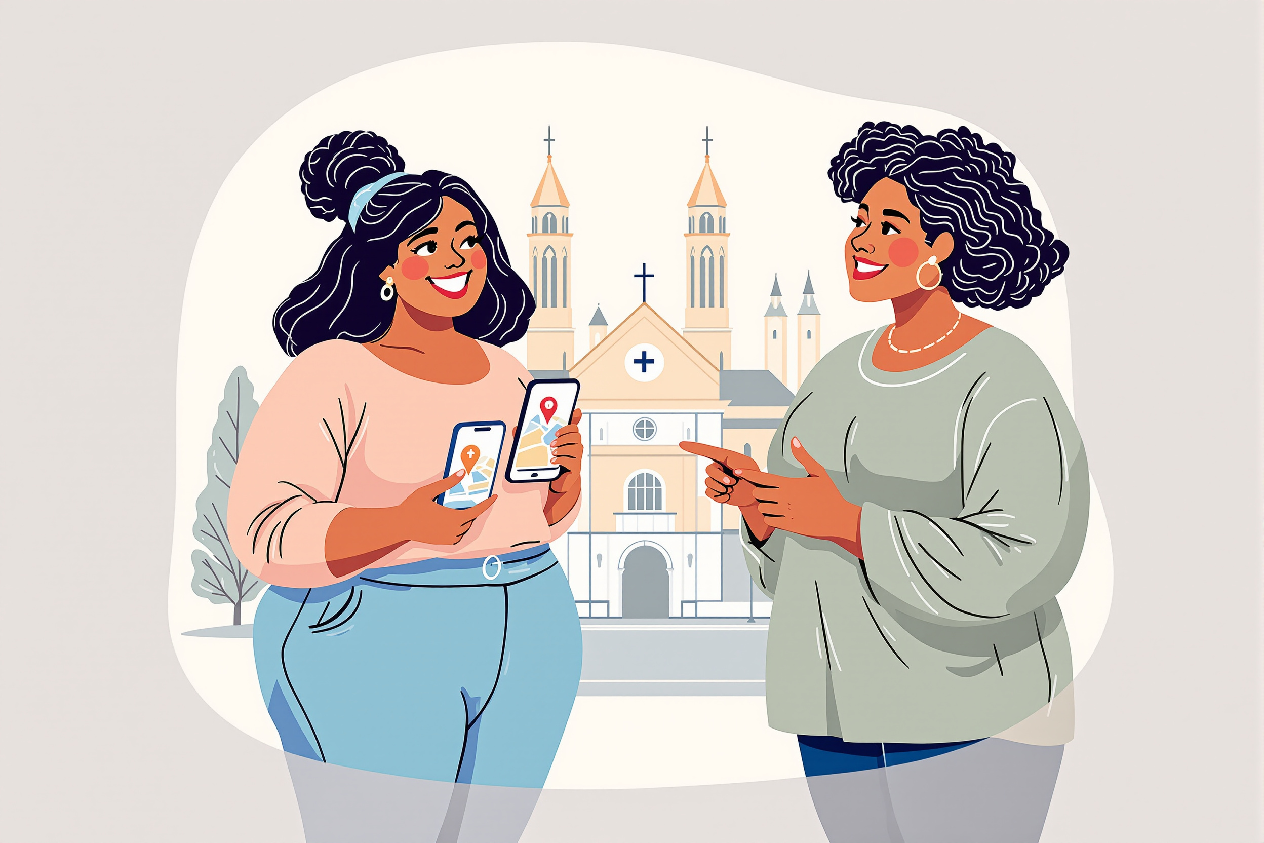 Flache Vektorillustration: Zwei diverse Frauen mit kurvigen Figuren finden eine Lipödem-Klinik in München. Sie schauen auf ein Smartphone mit einer Karte und zeigen auf ein stilisiertes medizinisches Gebäude vor einer angedeuteten Münchner Stadtkulisse.