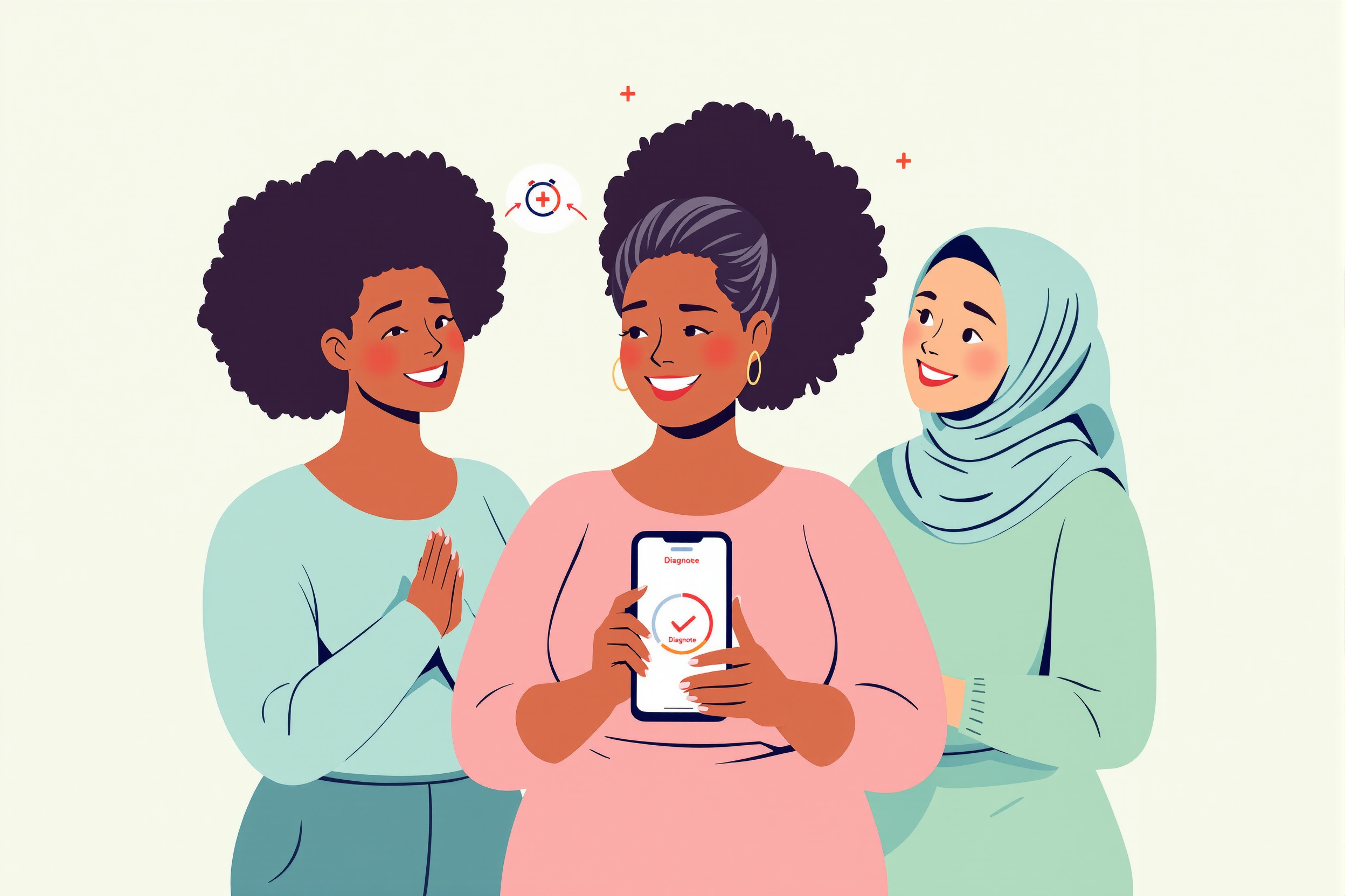 Vektorillustration: Drei diverse Frauen freuen sich gemeinsam über eine schnelle Lipödem-Diagnose, die auf einem Smartphone mit der LipoCheck App angezeigt wird.