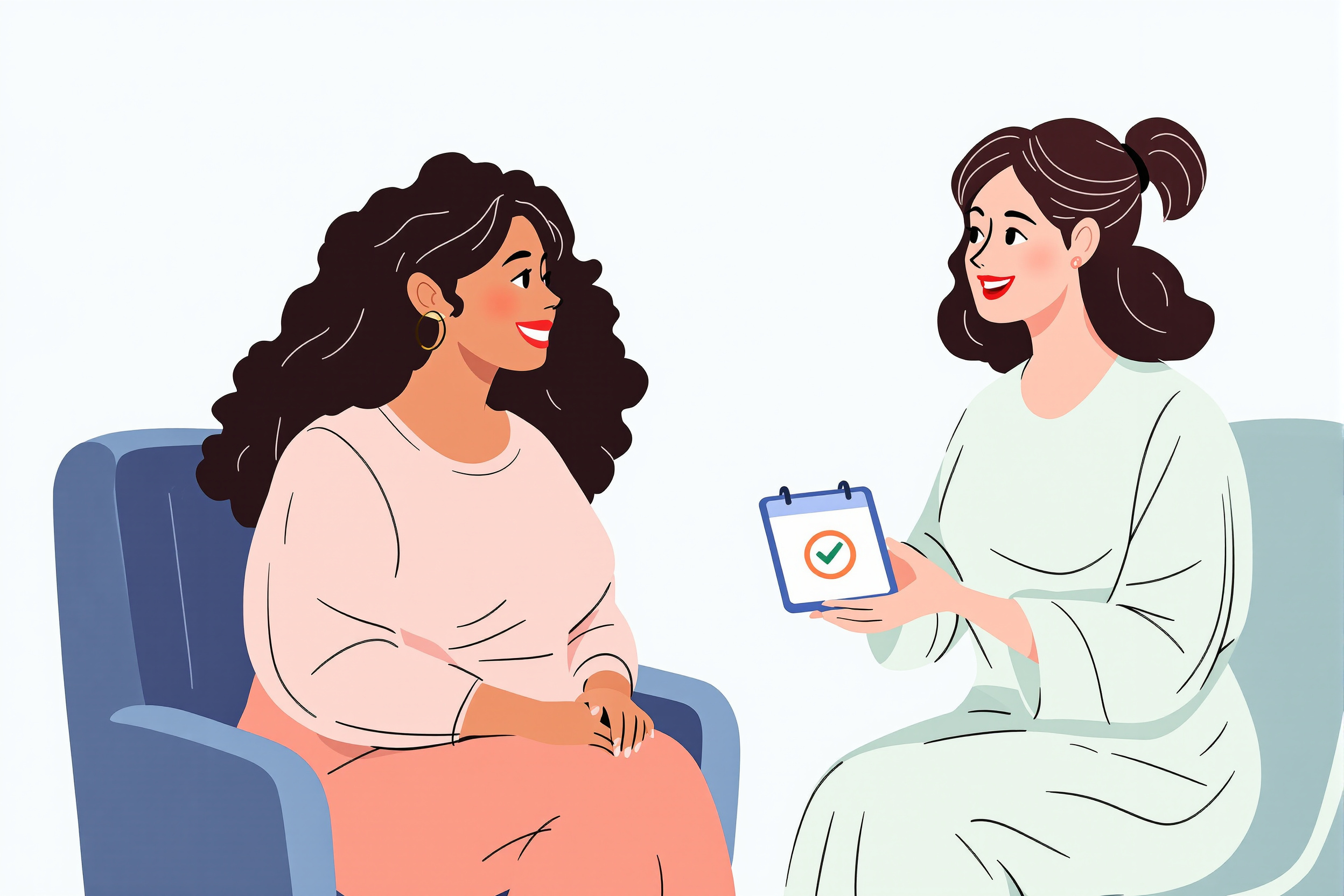 Flache Vektorillustration: Eine Lipödem-Patientin im positiven Beratungsgespräch mit einer Fachärztin, die auf einem Tablet eine schnelle Terminfindung symbolisiert.