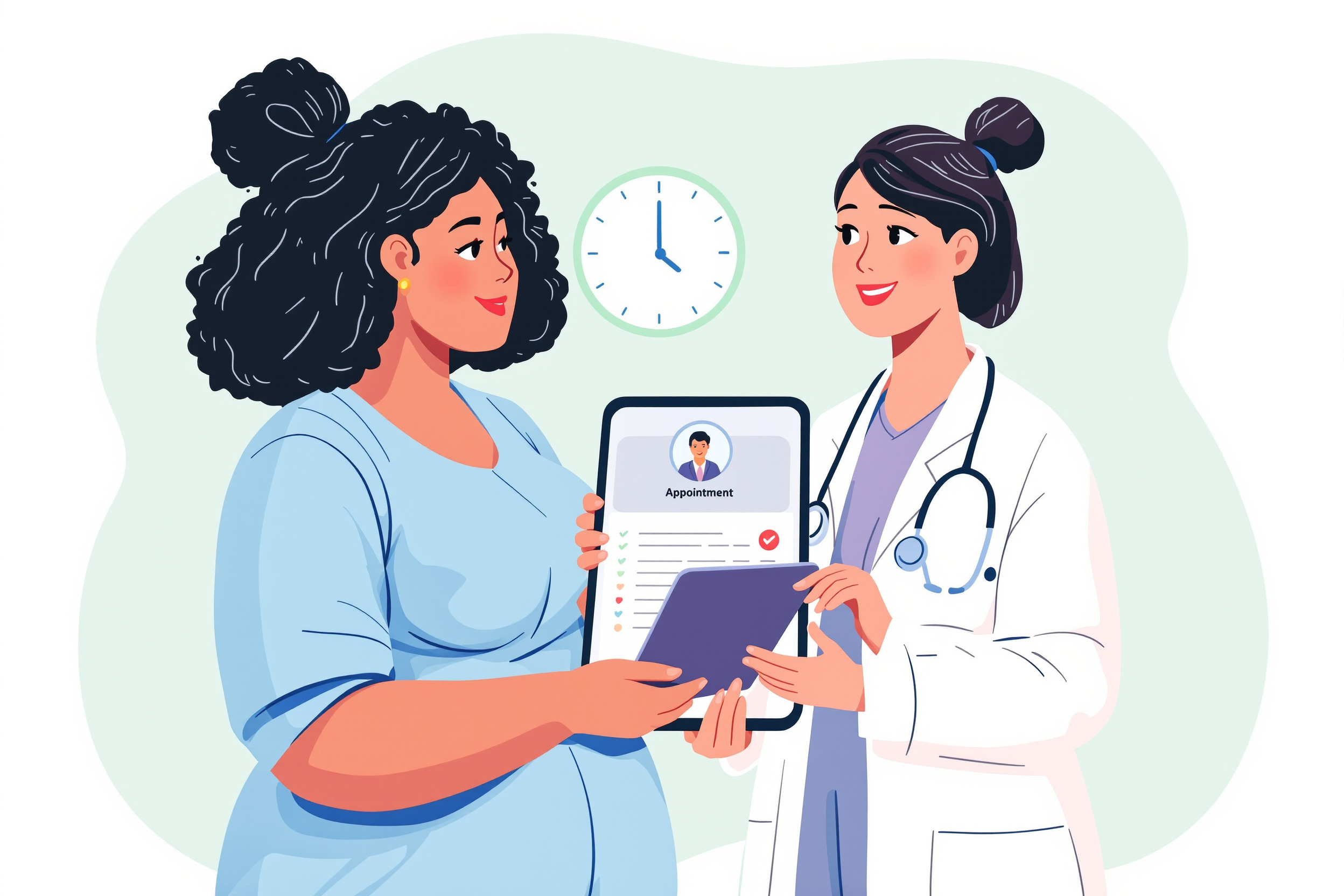 Flache Vektorillustration: Eine Frau mit Lipödem nutzt ein Tablet, um digital eine Verbindung zu einer Ärztin herzustellen, während eine Uhr im Hintergrund eine verkürzte Wartezeit symbolisiert.