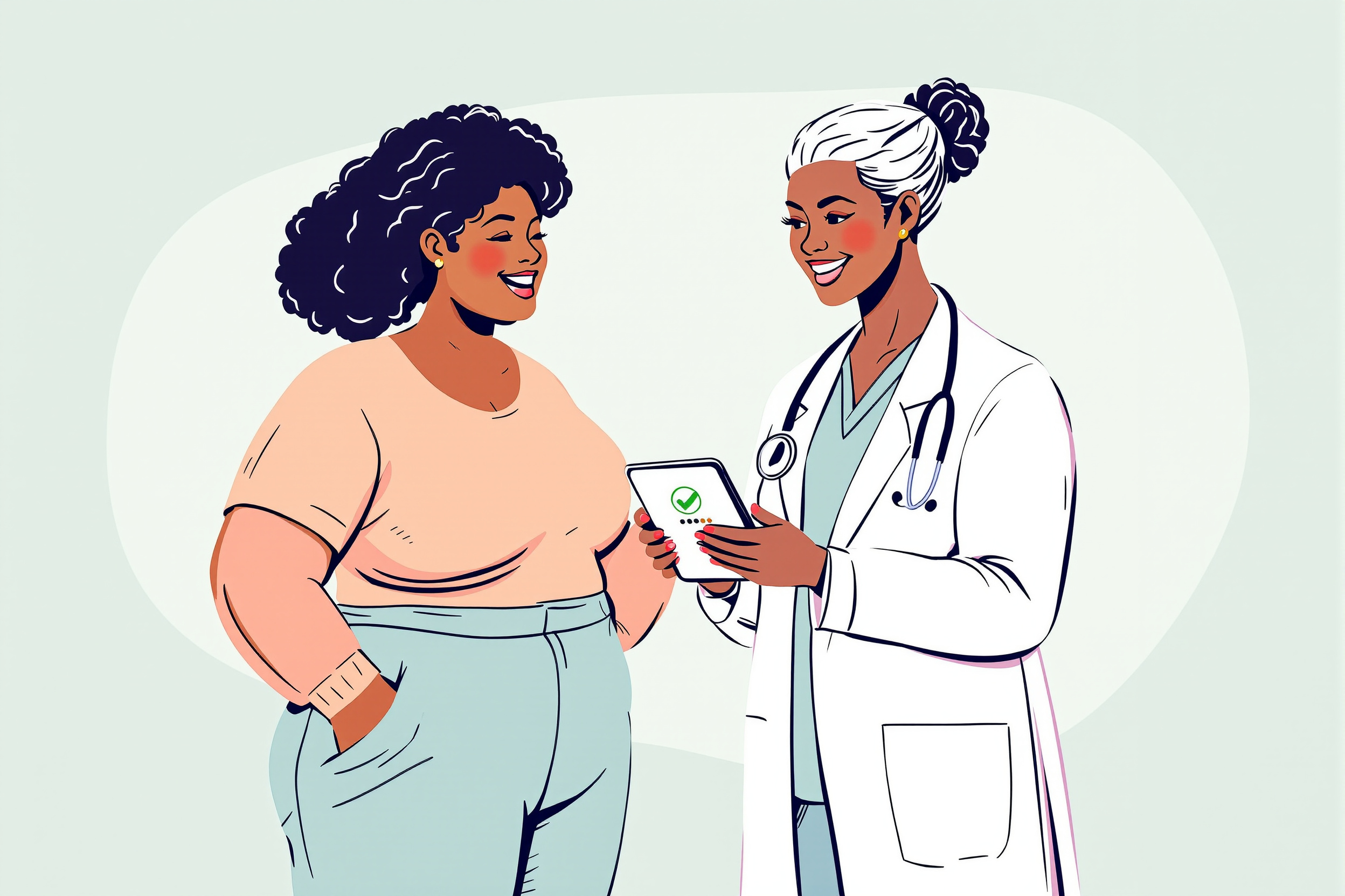 Eine Flachvektor-Illustration zeigt eine lächelnde Patientin mit kurviger Figur und eine Ärztin, die gemeinsam auf ein Tablet mit einem Häkchen-Symbol schauen, was das erfolgreiche Finden einer Fachkraft symbolisiert.