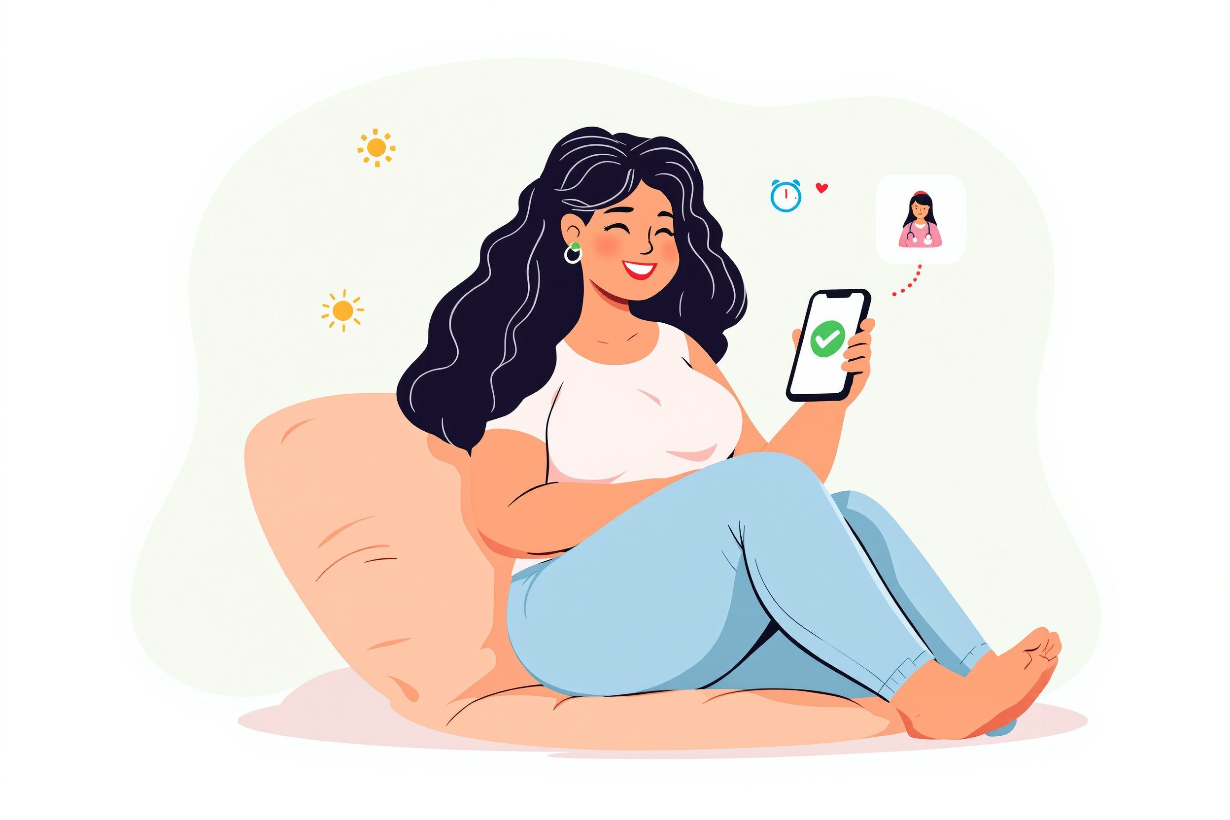 Flache Vektorillustration: Eine kurvige Frau blickt erleichtert und empowered auf ihr Smartphone, das ein Bestätigungshäkchen für eine erfolgreiche digitale ärztliche Diagnose anzeigt.